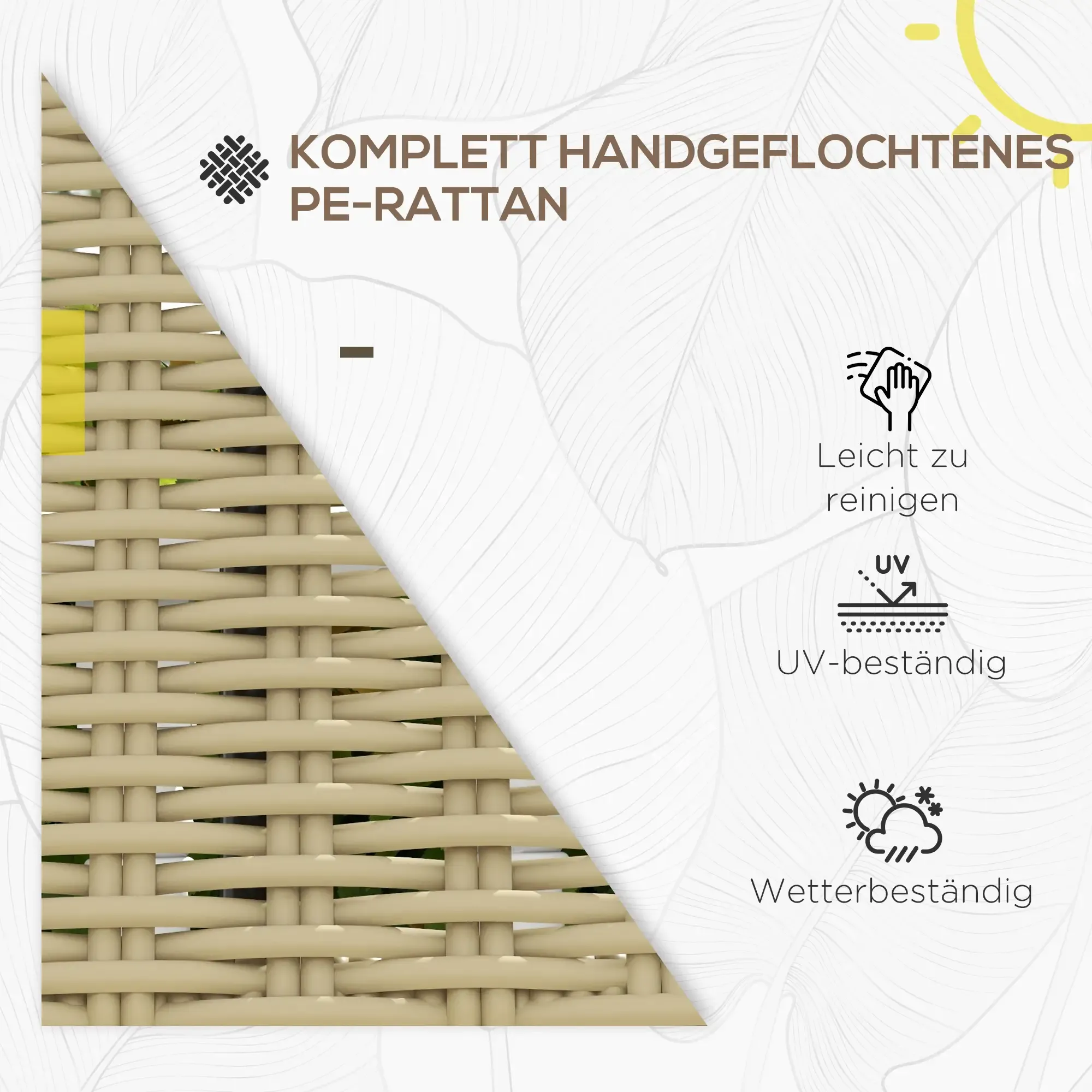 Nahaufnahme von handgeflochtenem PE-Rattan mit Symbolen für Reinigungs-, UV- und Wetterbeständigkeit.