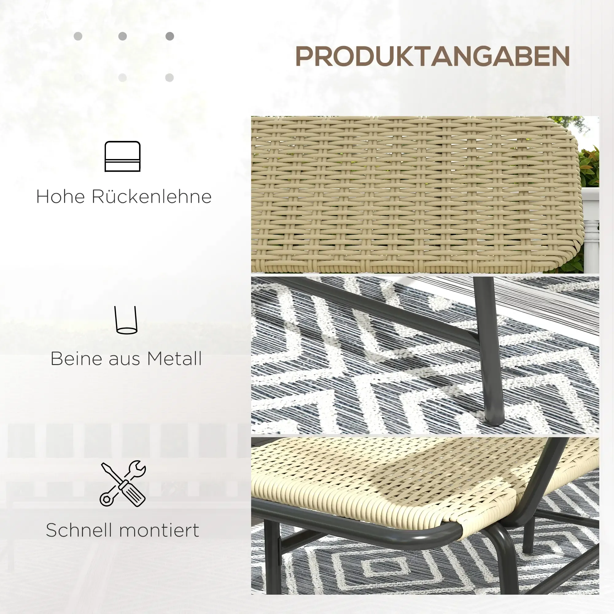 Details einer Bank: hohe Rückenlehne, Metallbeine und schnelle Montage auf einem gemusterten Teppich.