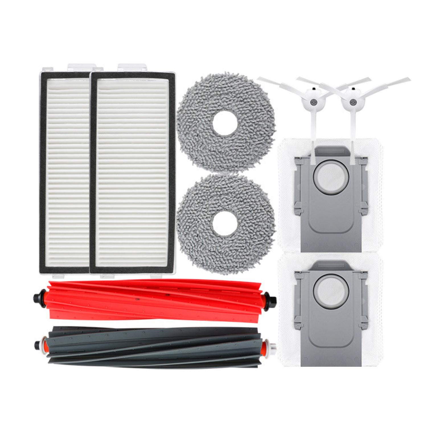 Eine Sammlung von Ersatzteilen für einen Roboterstaubsauger, darunter Filter, Bürsten und Mopppads.