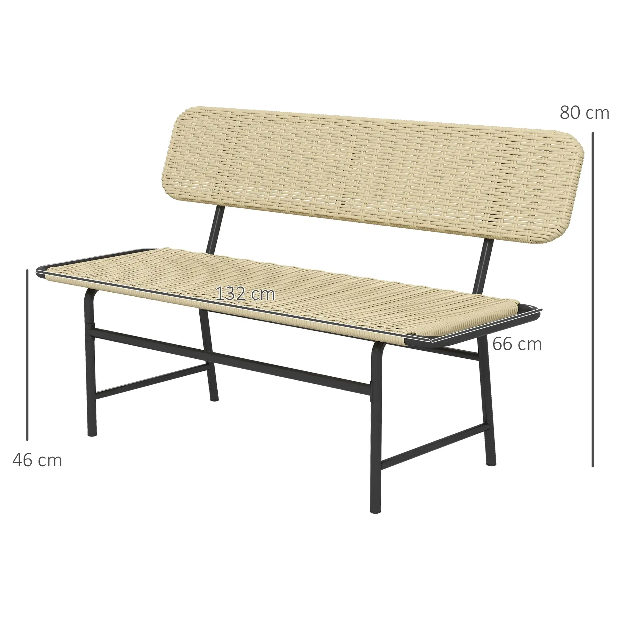 Beige gewebte Bank mit schwarzem Rahmen. Abmessungen sind 132 cm breit, 80 cm hoch und 66 cm Sitzhöhe.