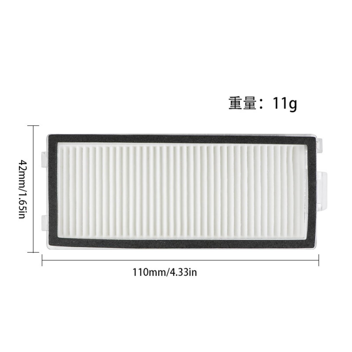 Rechteckiger weißer Filter mit schwarzem Rahmen. Abmessungen: 110 mm x 42 mm. Gewicht: 11 g.