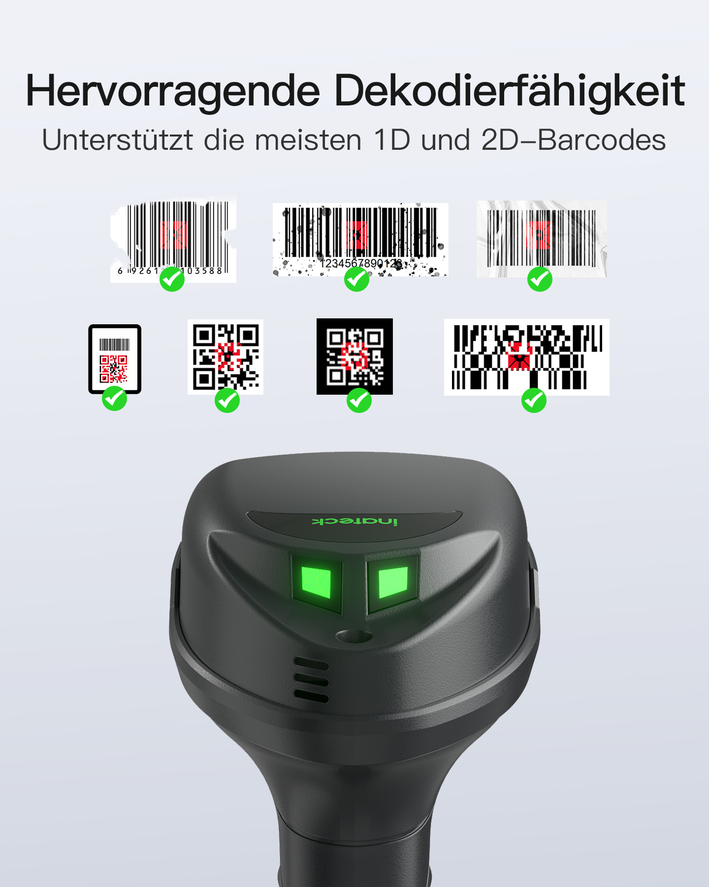 Ein schwarzer Barcode-Scanner, der verschiedene Barcode-Typen mit grünen Häkchen zeigt.