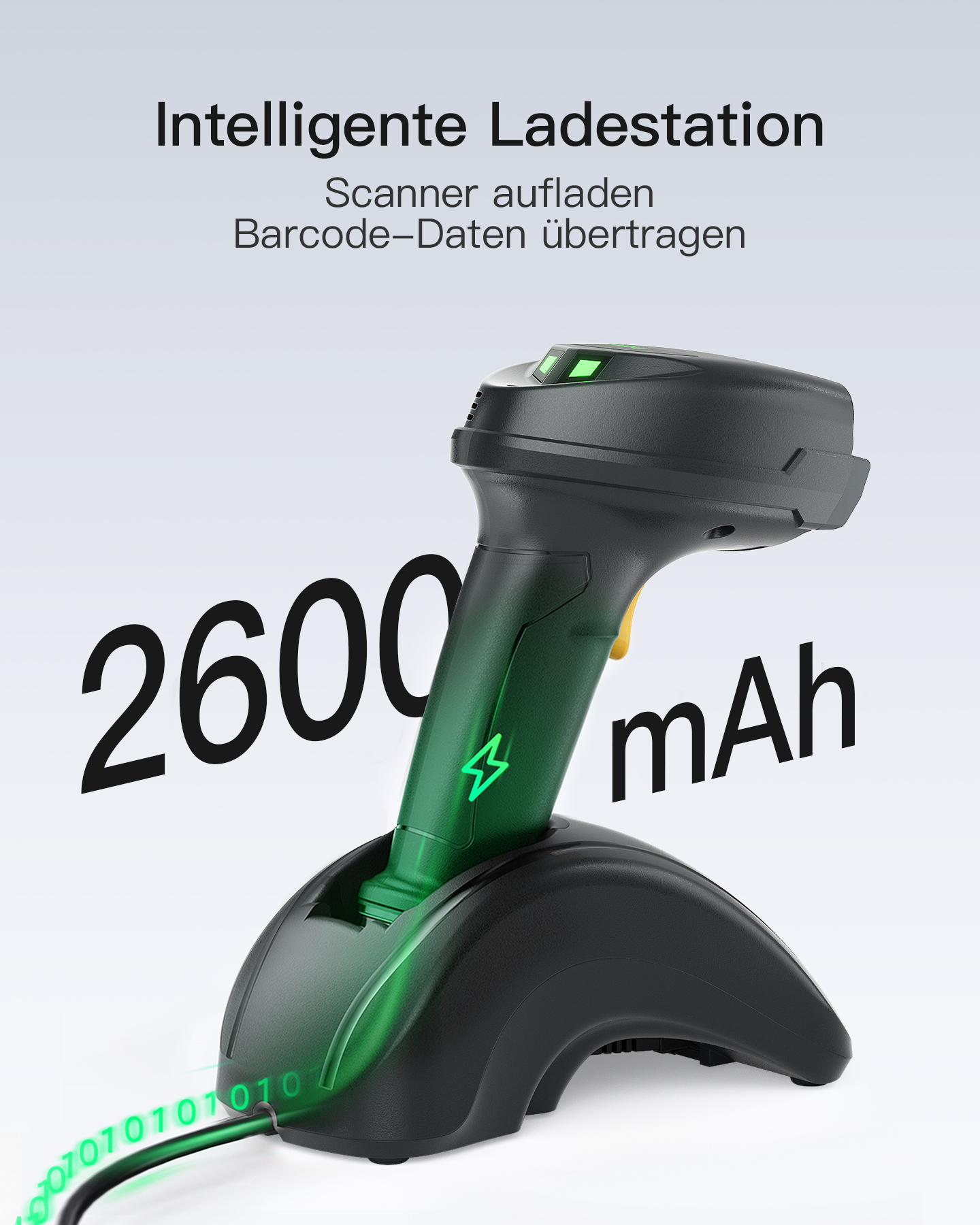 Ein schwarzer Barcode-Scanner auf einer Ladestation. Zeigt einen grünen Blitz und 2600 mAh.
