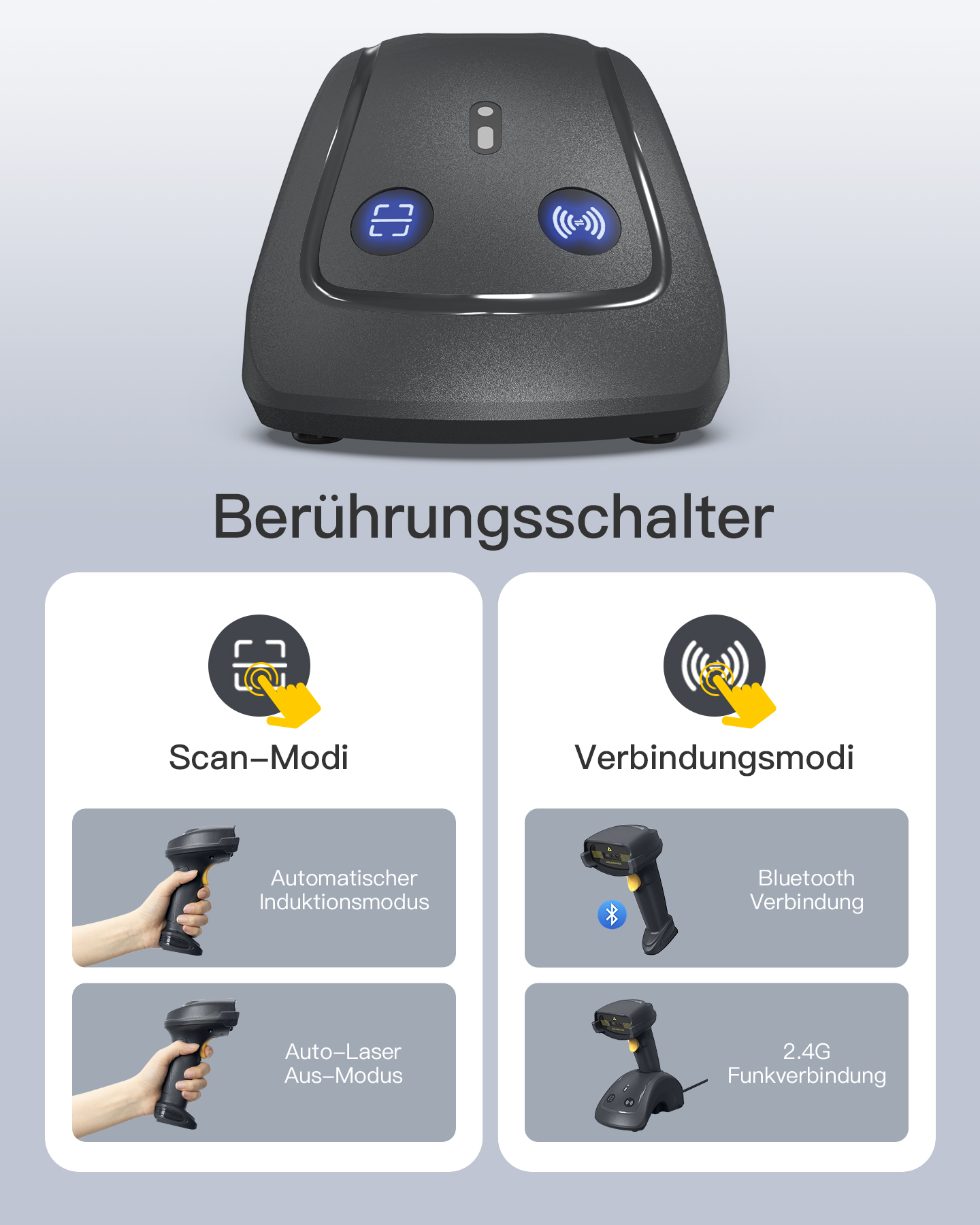 Eine schwarze Barcode-Scannerbasis mit Scan- und Verbindungsmodi und Händen, die den Scanner verwenden.