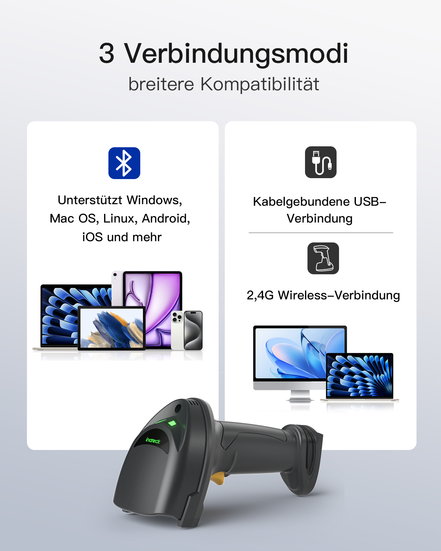 Ein schwarzer Barcode-Scanner mit 3 Verbindungsmodi: Bluetooth, USB und 2,4G Wireless, mit Geräten.