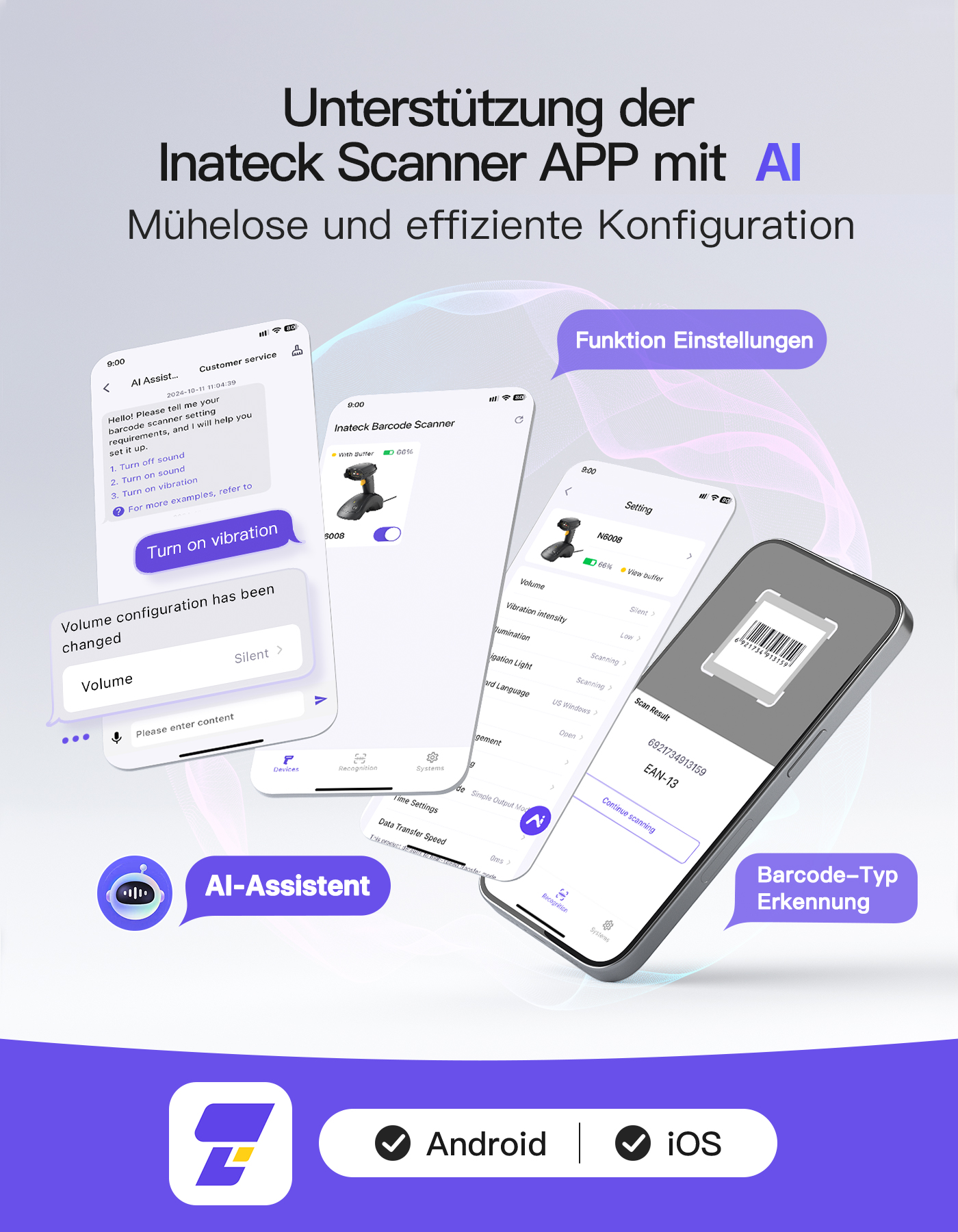 Screenshots einer Telefonanwendung, die die Inateck-Scanner-App mit KI-Assistent und Barcode-Typ-Erkennung zeigt.