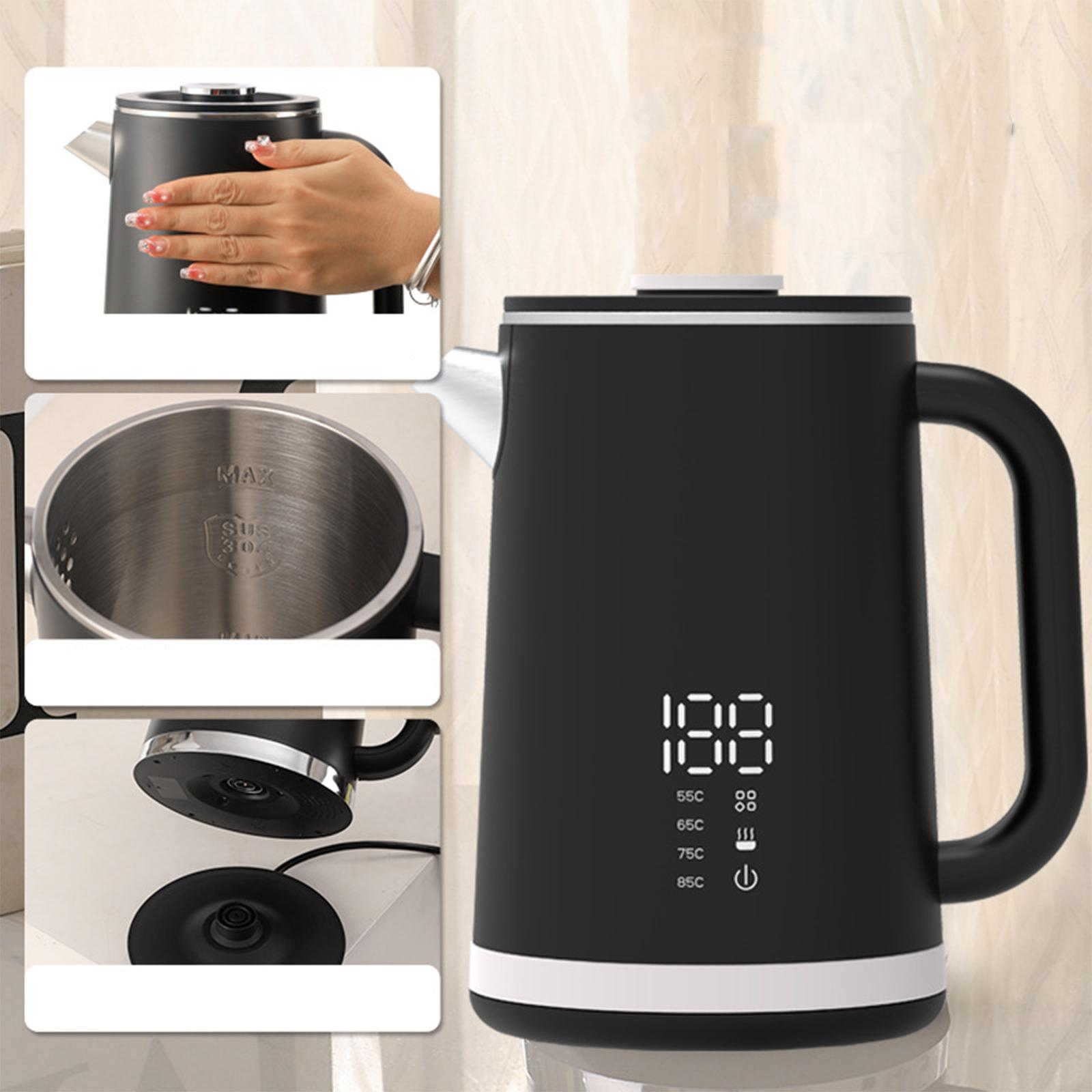Ein schwarzer Wasserkocher mit Digitalanzeige und Temperatureinstellungen wird gezeigt.