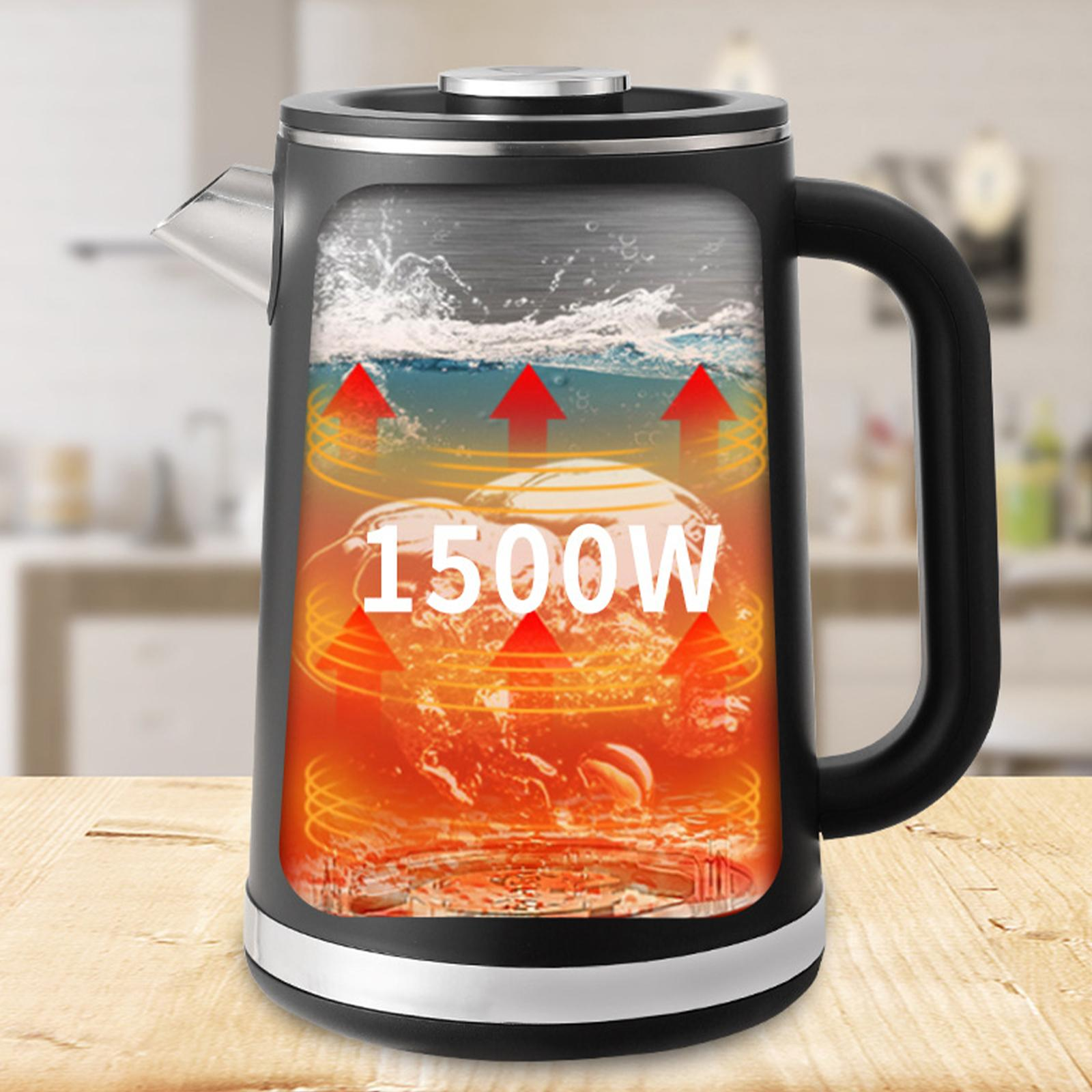 Ein schwarzer Wasserkocher wird mit einer grafischen Überlagerung gezeigt, die eine Heizleistung von 1500 W angibt.