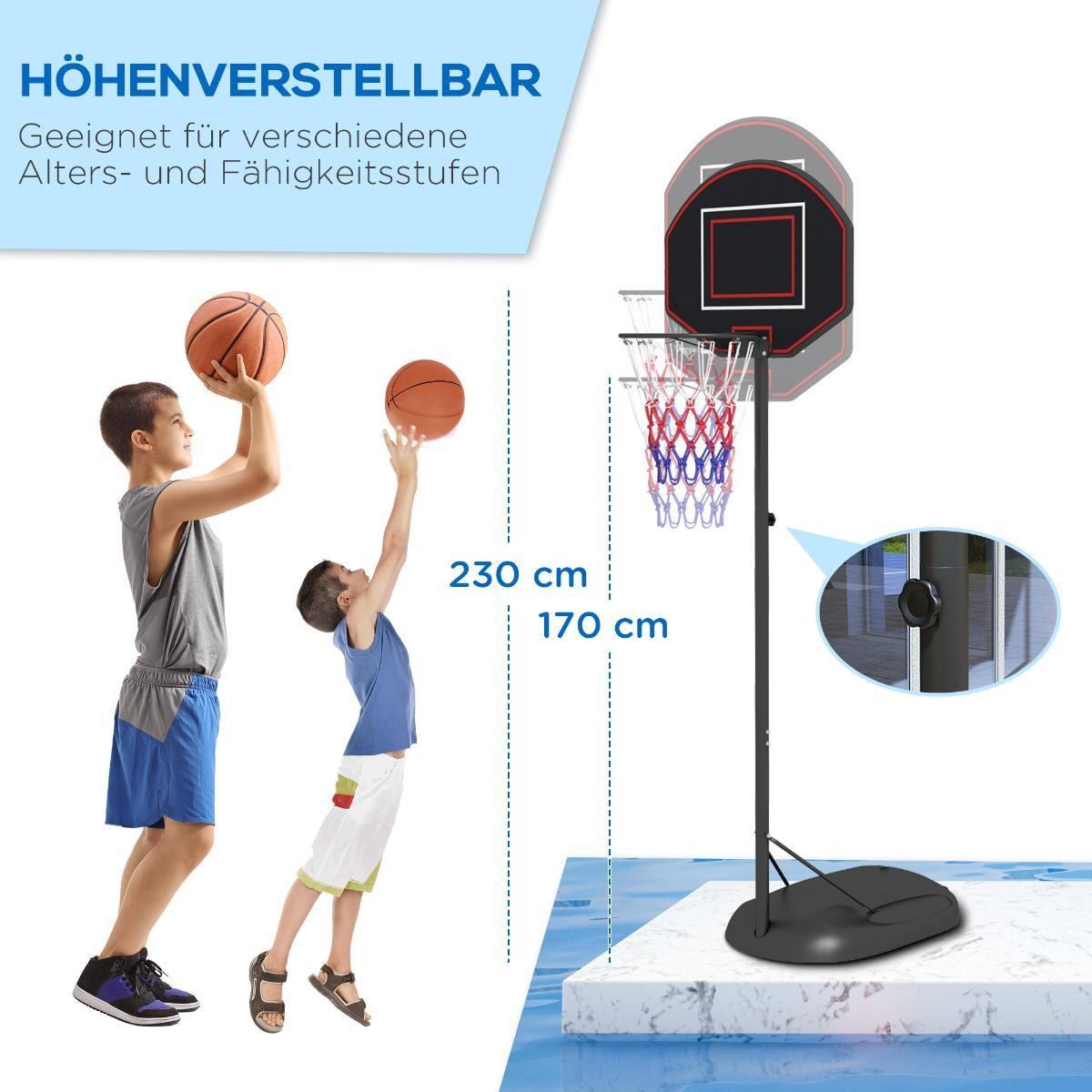 Zwei Jungen spielen Basketball mit einem verstellbaren Korb, der Höheneinstellungen demonstriert.