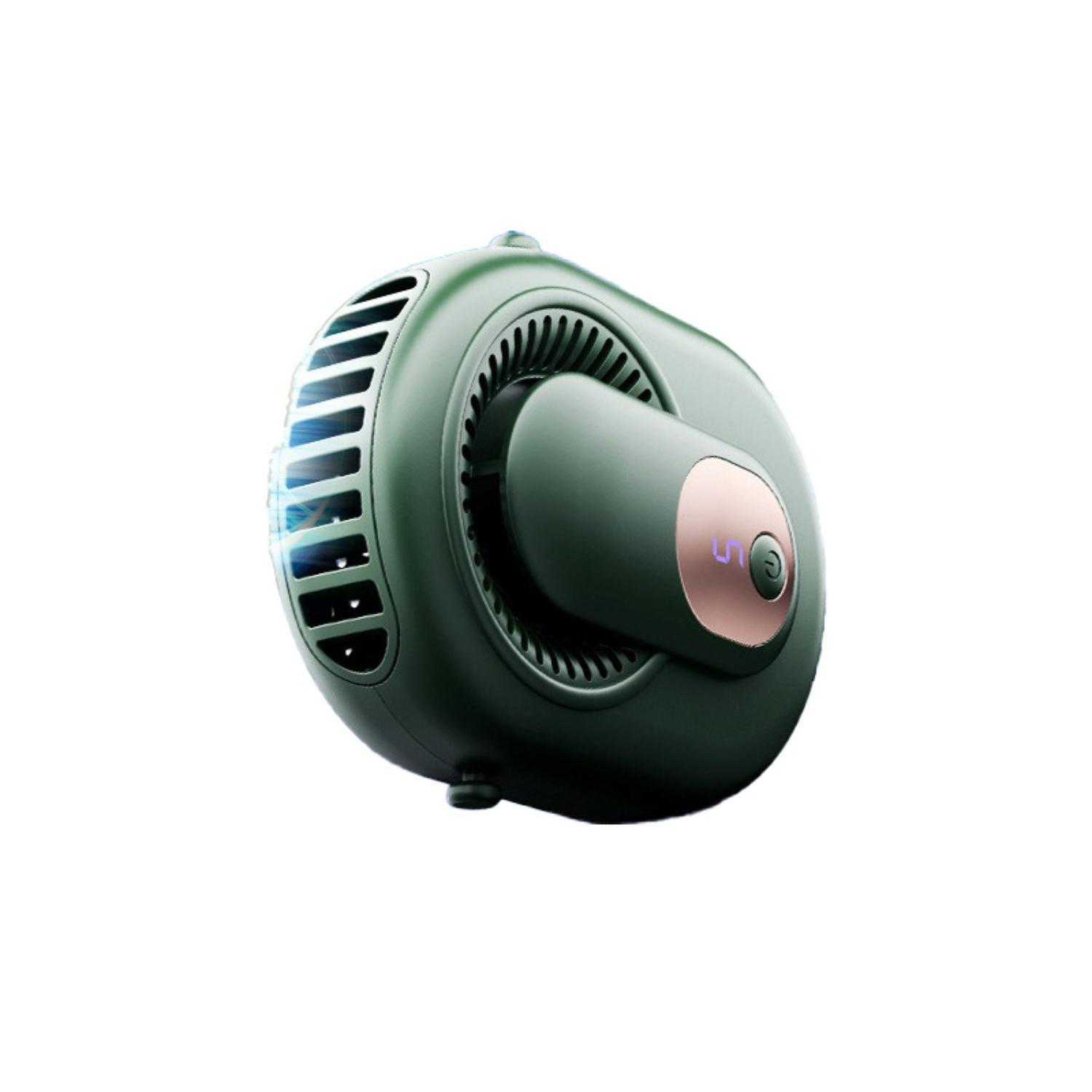 Ein tragbarer Nackenventilator in Dunkelgrün mit einem Luftauslass und einem Netzschalter.