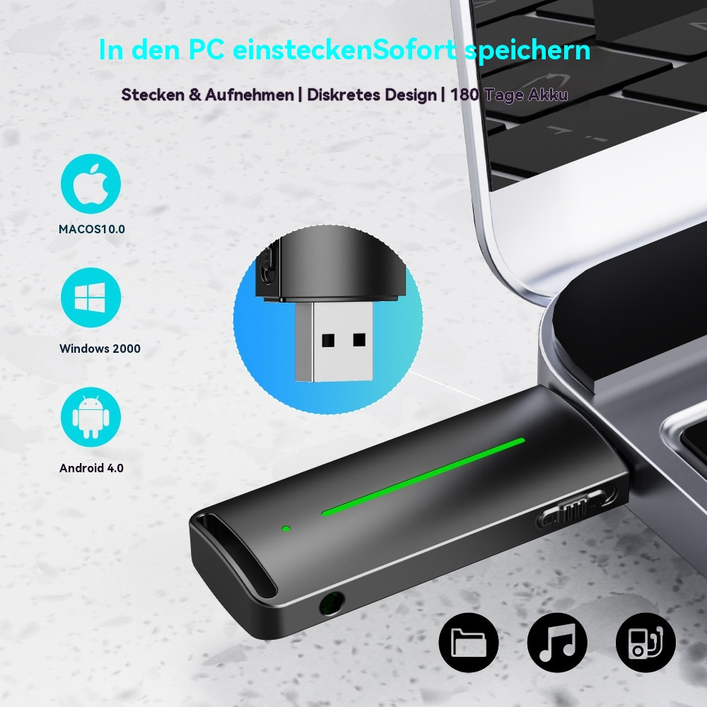 Ein Diktiergerät ist an einen Laptop angeschlossen, mit angezeigten Kompatibilitätssymbolen.
