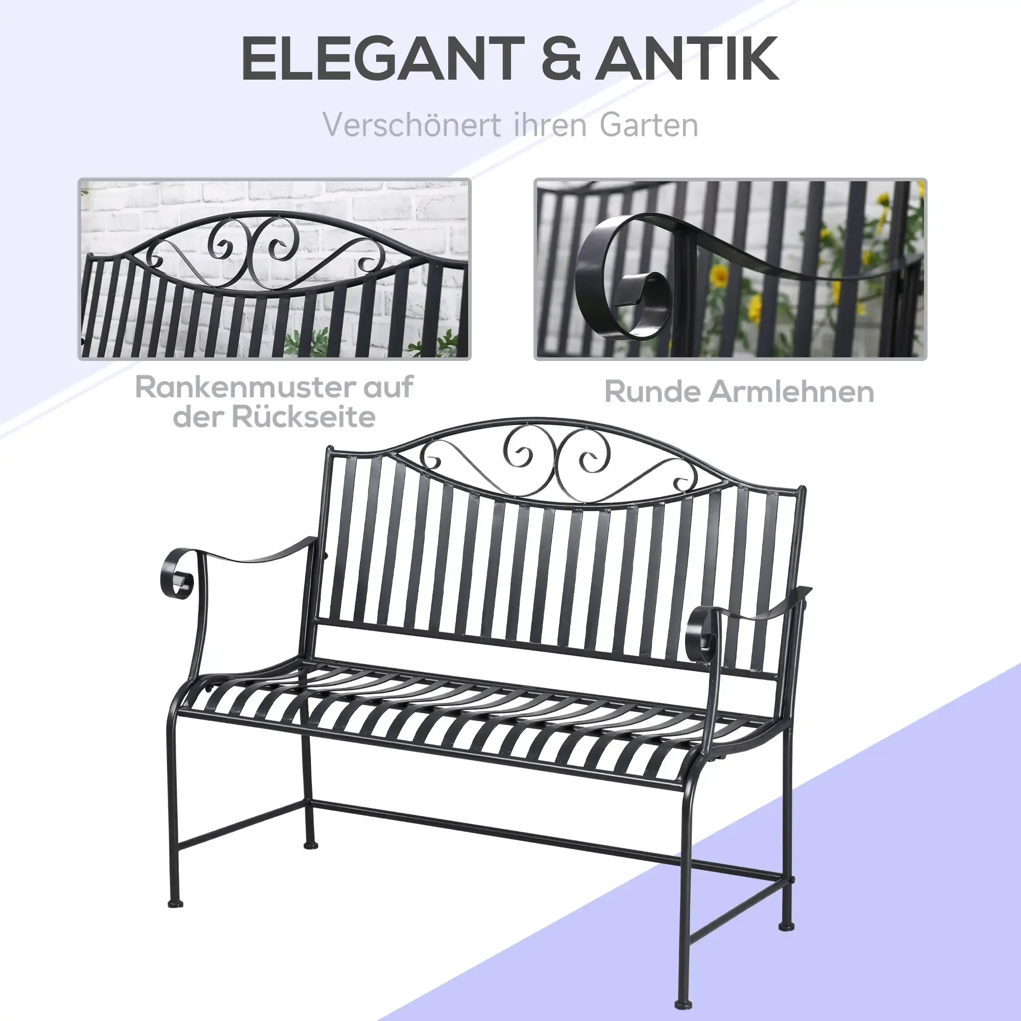 Eine schwarze Metallbank mit Details zu Design und Funktionen.