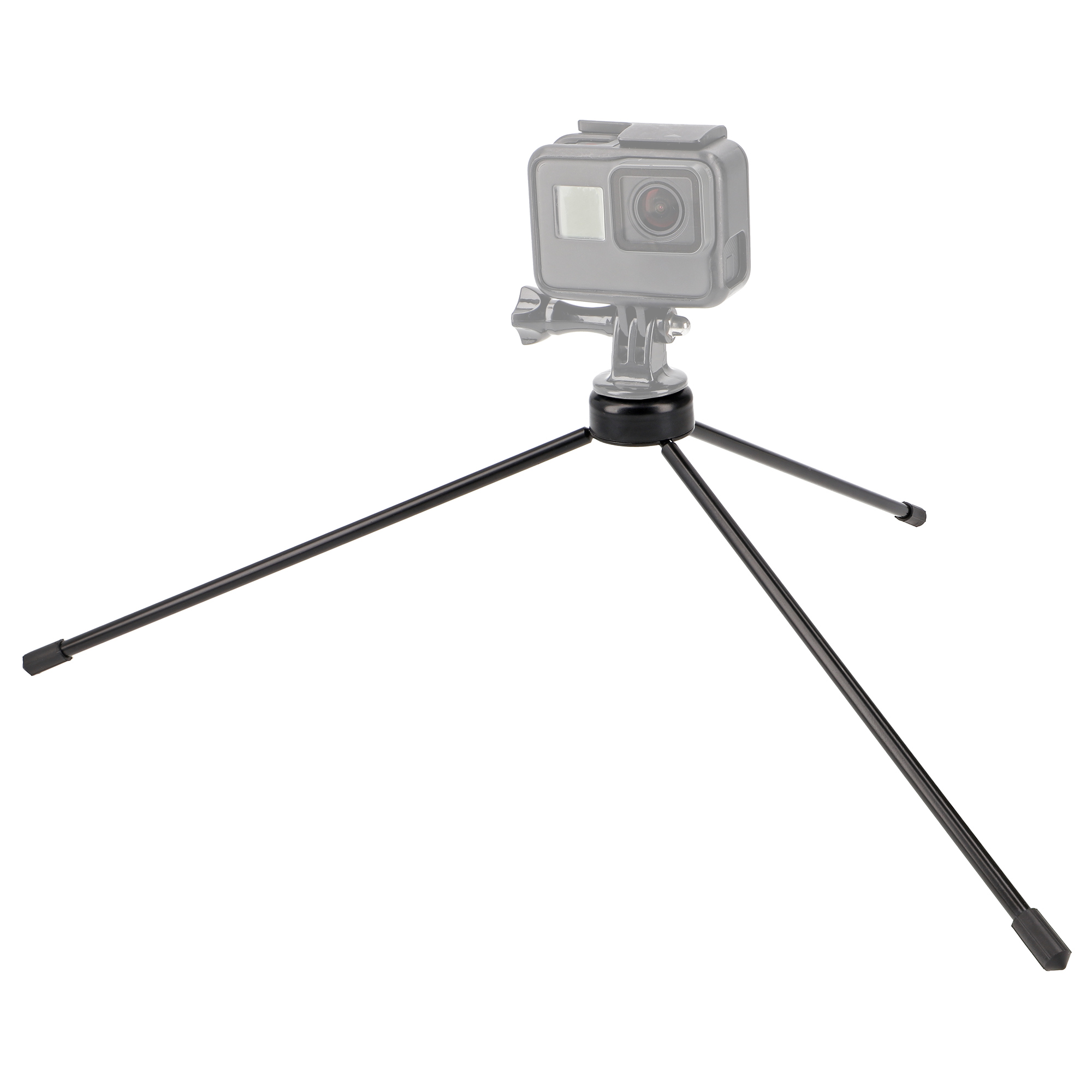 Ein schwarzes Stativ mit Kameraanschluss. Die Beine sind ausgebreitet. Die Kamera ist eine GoPro.