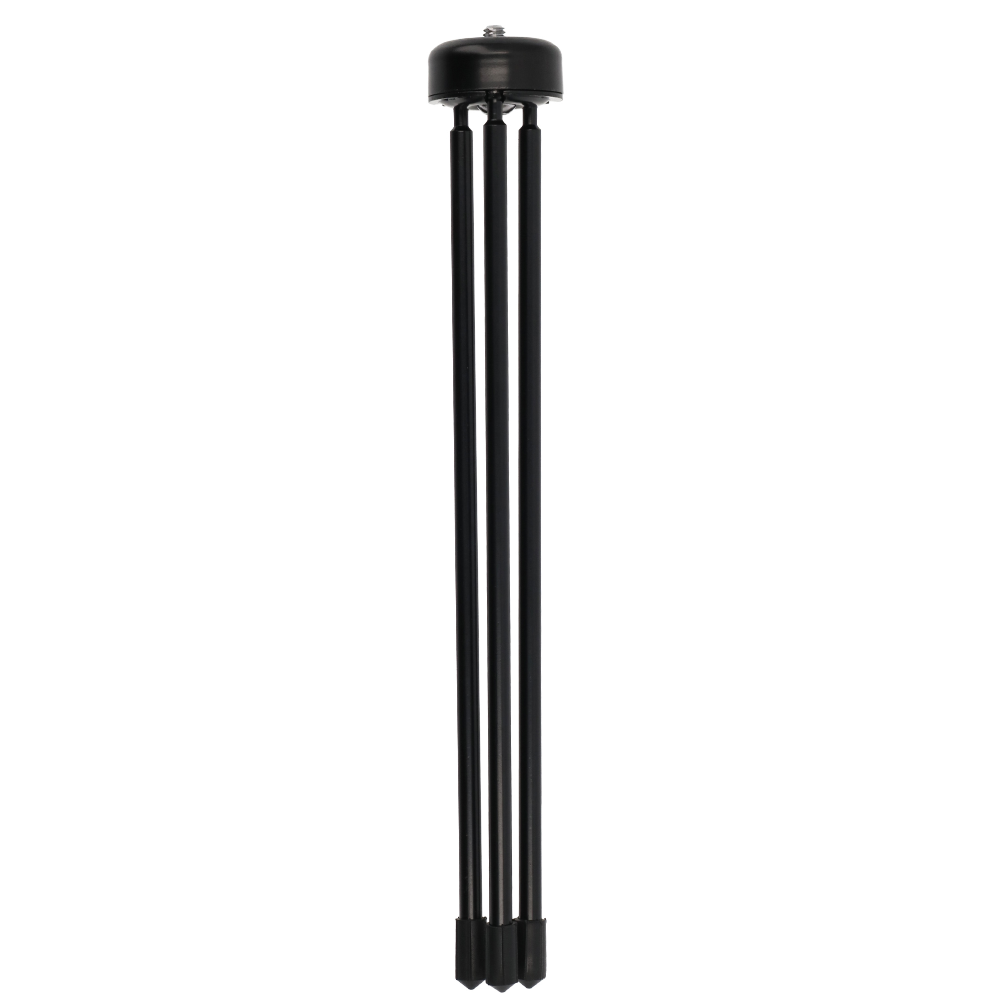 Ein zusammengeklapptes schwarzes Stativ. Es hat drei Beine. Oben sitzt eine schwarze Kappe.