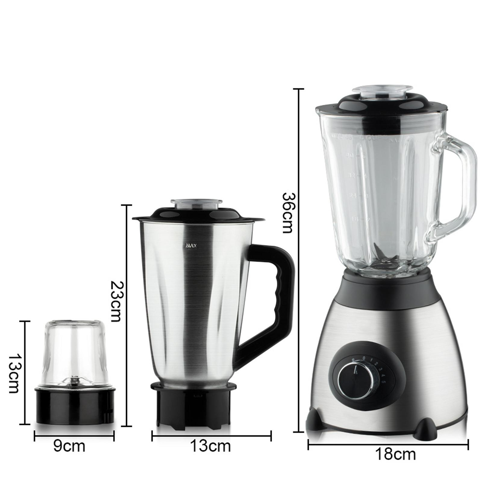 Ein Mixer mit Becher, Behälter und komplettem Mixer mit Maßen. Abmessungen sind beschriftet.