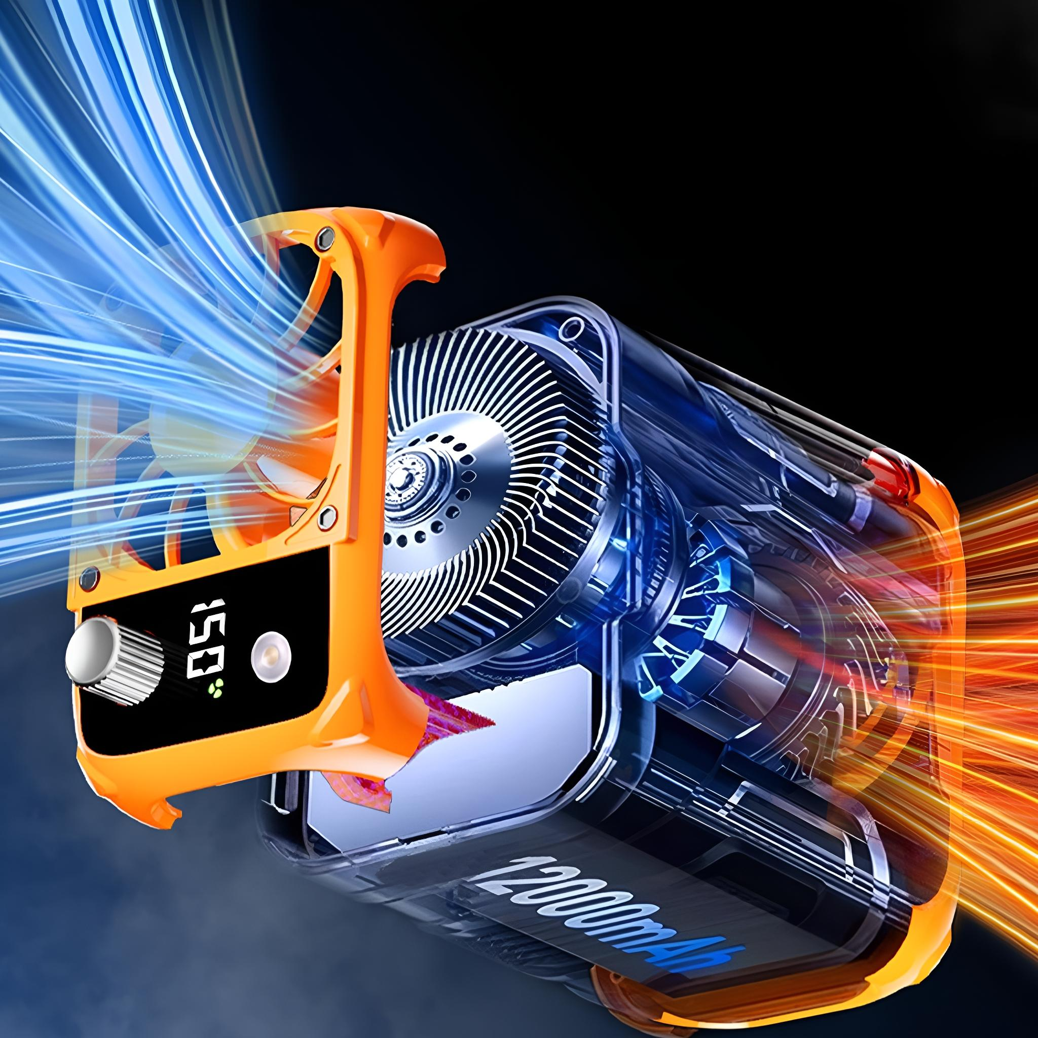 Durchscheinender orangefarbener tragbarer Ventilator mit sichtbaren internen Komponenten, blauem und orangem Luftstrom.