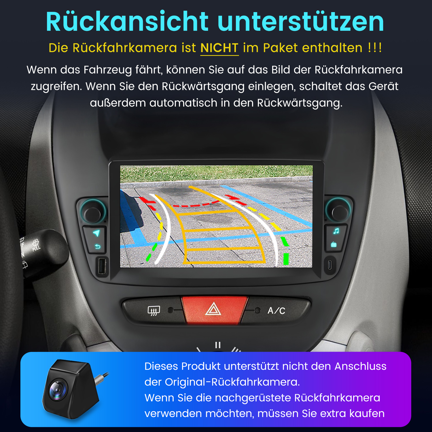 Auto-Armaturenbrettanzeige mit Rückfahrkameraansicht mit Parkleitlinien.