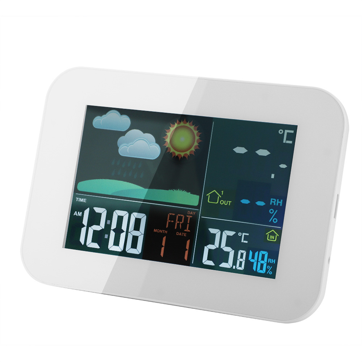 Eine weiße digitale Wetterstation zeigt Zeit, Datum, Temperatur und Wettervorhersagesymbole auf einem farbenfrohen Bildschirm an.