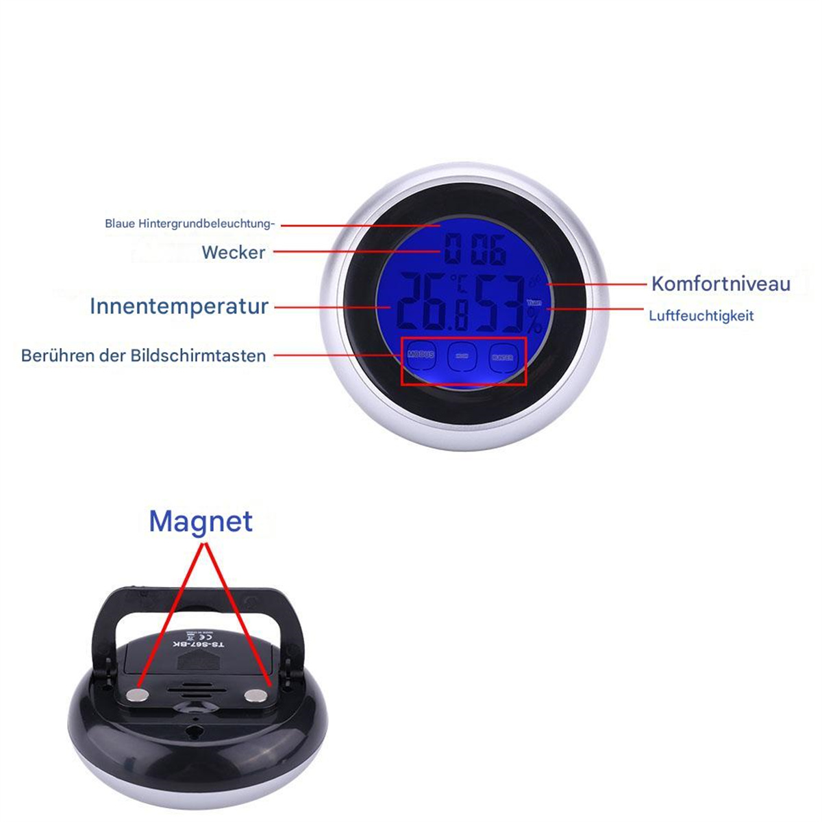 Digitalanzeige mit Temperatur und Luftfeuchtigkeit, mit silbernem Rahmen und magnetischer Rückseite.