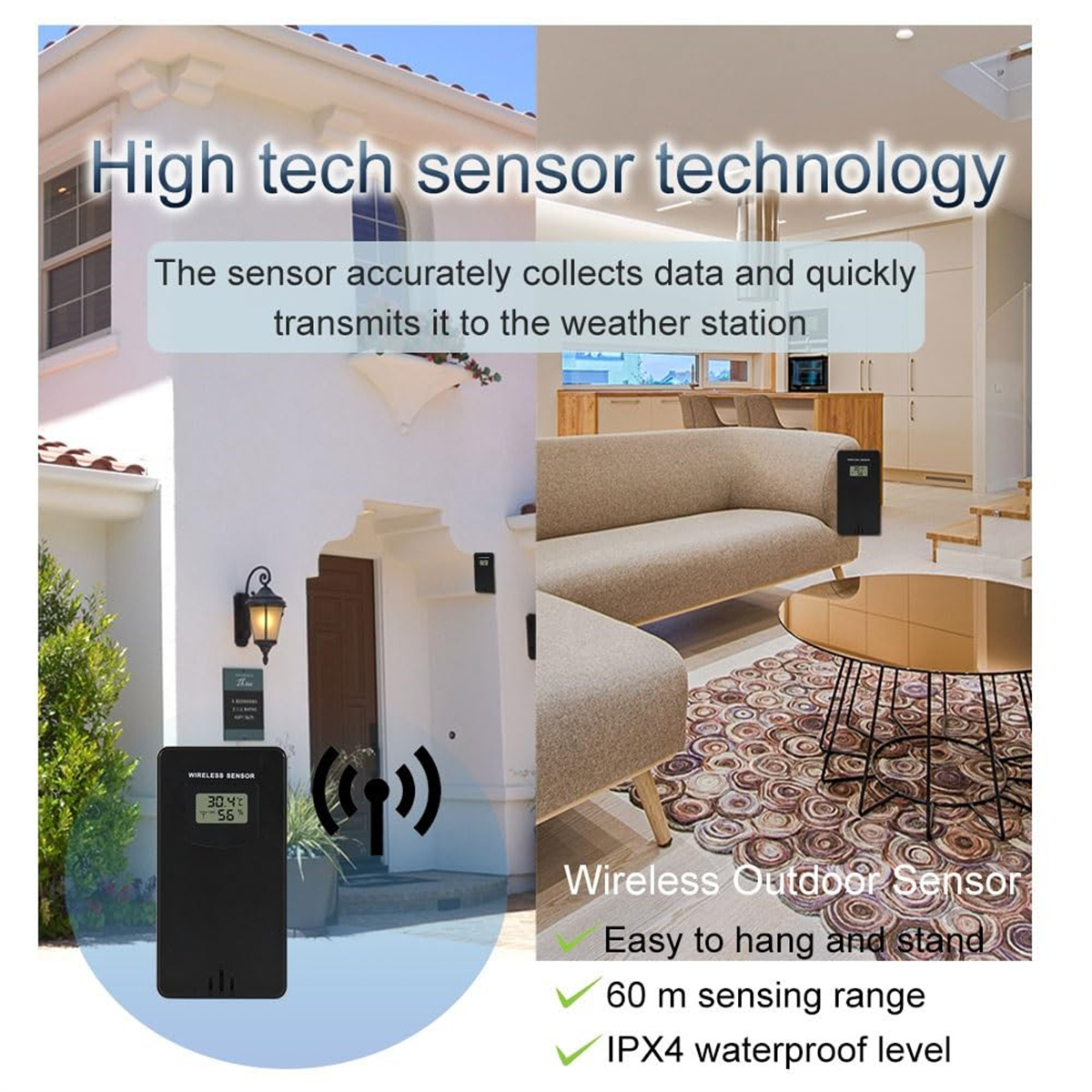 Das Bild zeigt einen Wettersensor mit High-Tech-Sensortechnologie für den Innen- und Außenbereich mit Datenübertragungsfunktionen.