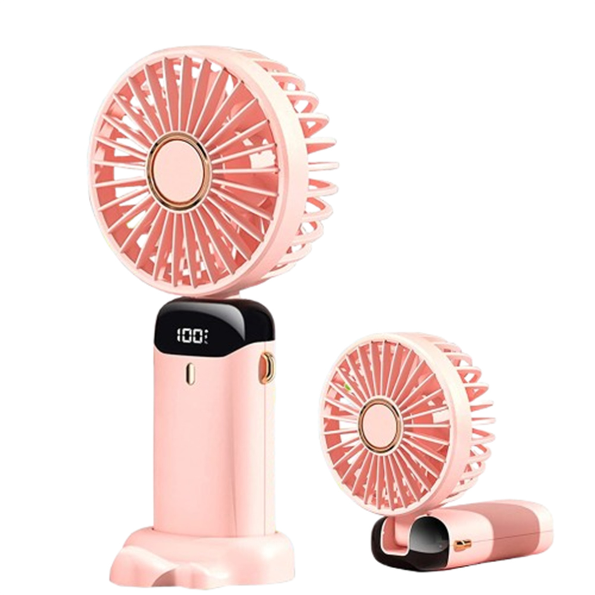 Drei rosa Ventilatoren werden ausgestellt. Einer steht, einer liegt und einer wird auf einer Basis aufgeladen.