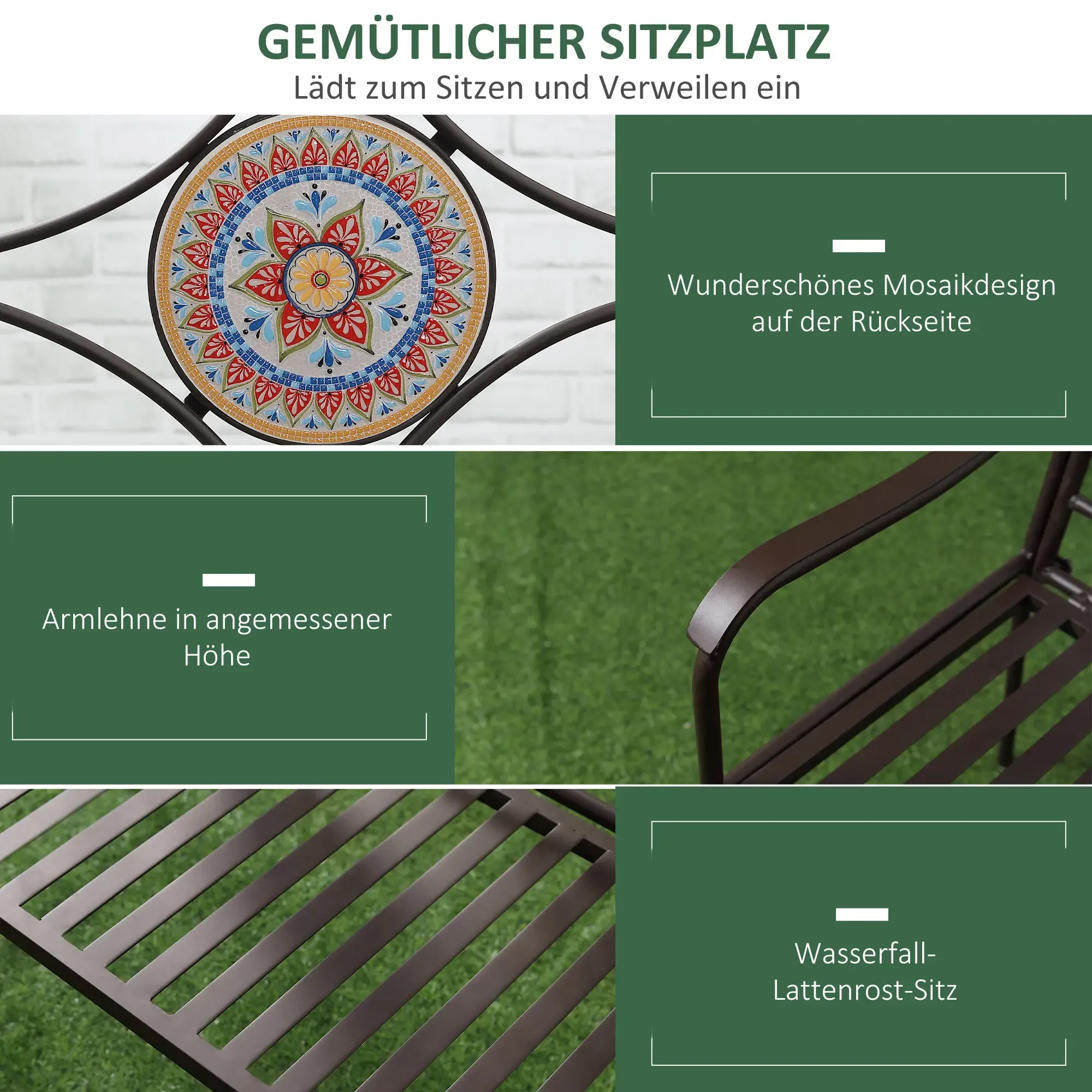 Nahaufnahme einer braunen Metallbank mit bunten Mosaikfliesen an der Rückenlehne vor grünem Hintergrund.