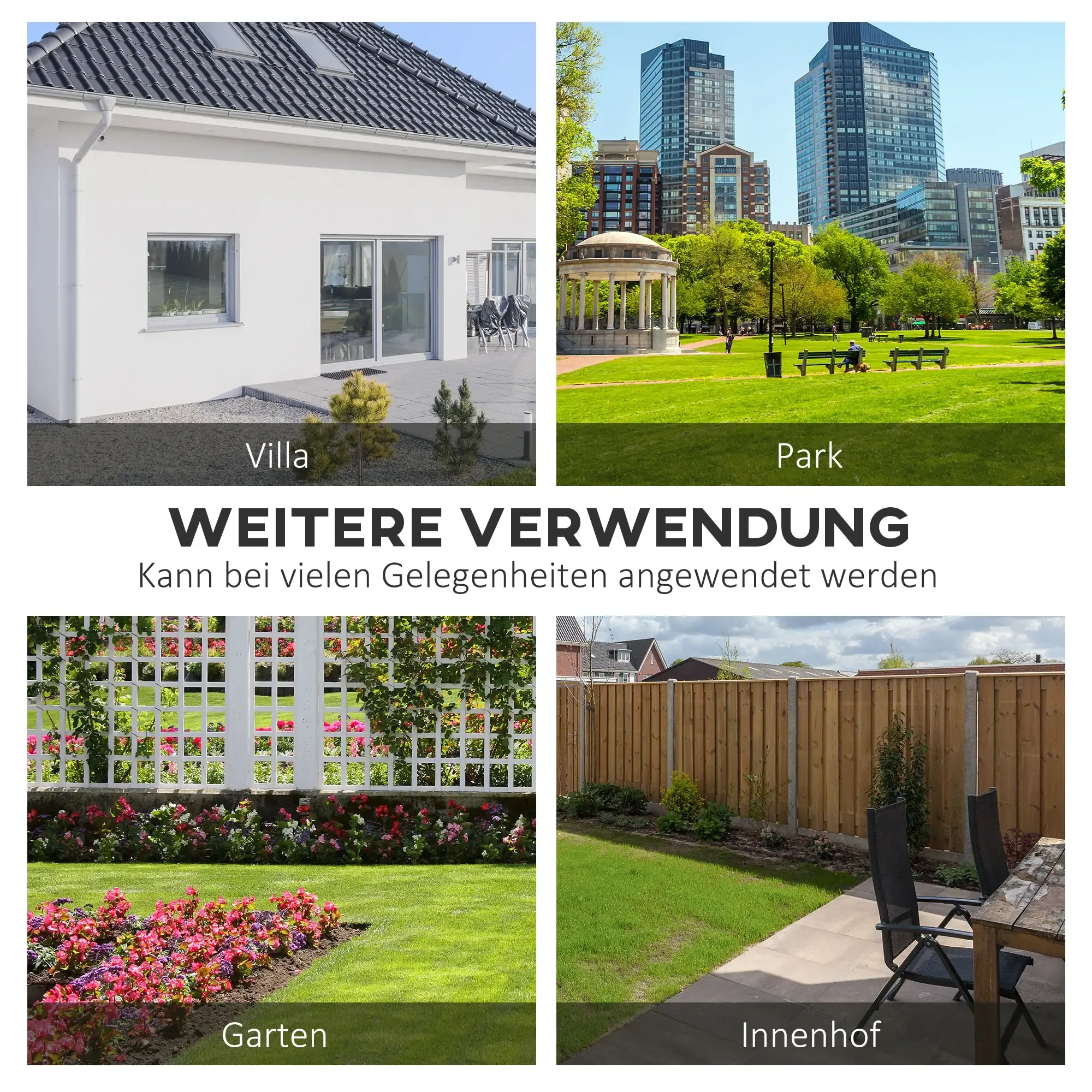Eine Collage zeigt eine Villa, einen Park, einen Garten und einen Innenhof und veranschaulicht verschiedene Verwendungsmöglichkeiten eines Produkts.