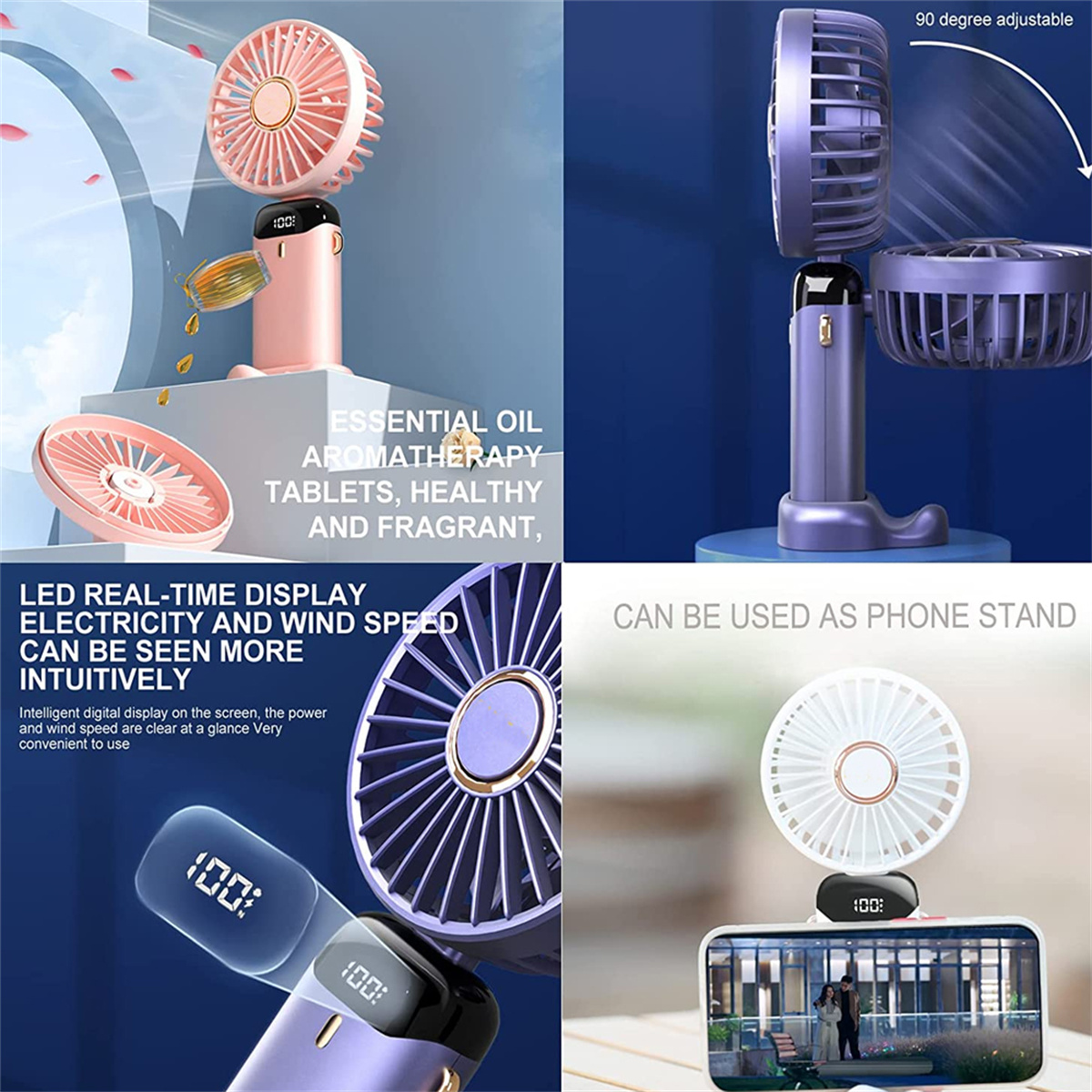 Collage eines rosa und lila tragbaren Ventilators, der Aromatherapie, LED-Anzeige und Telefonständerfunktionen hervorhebt.