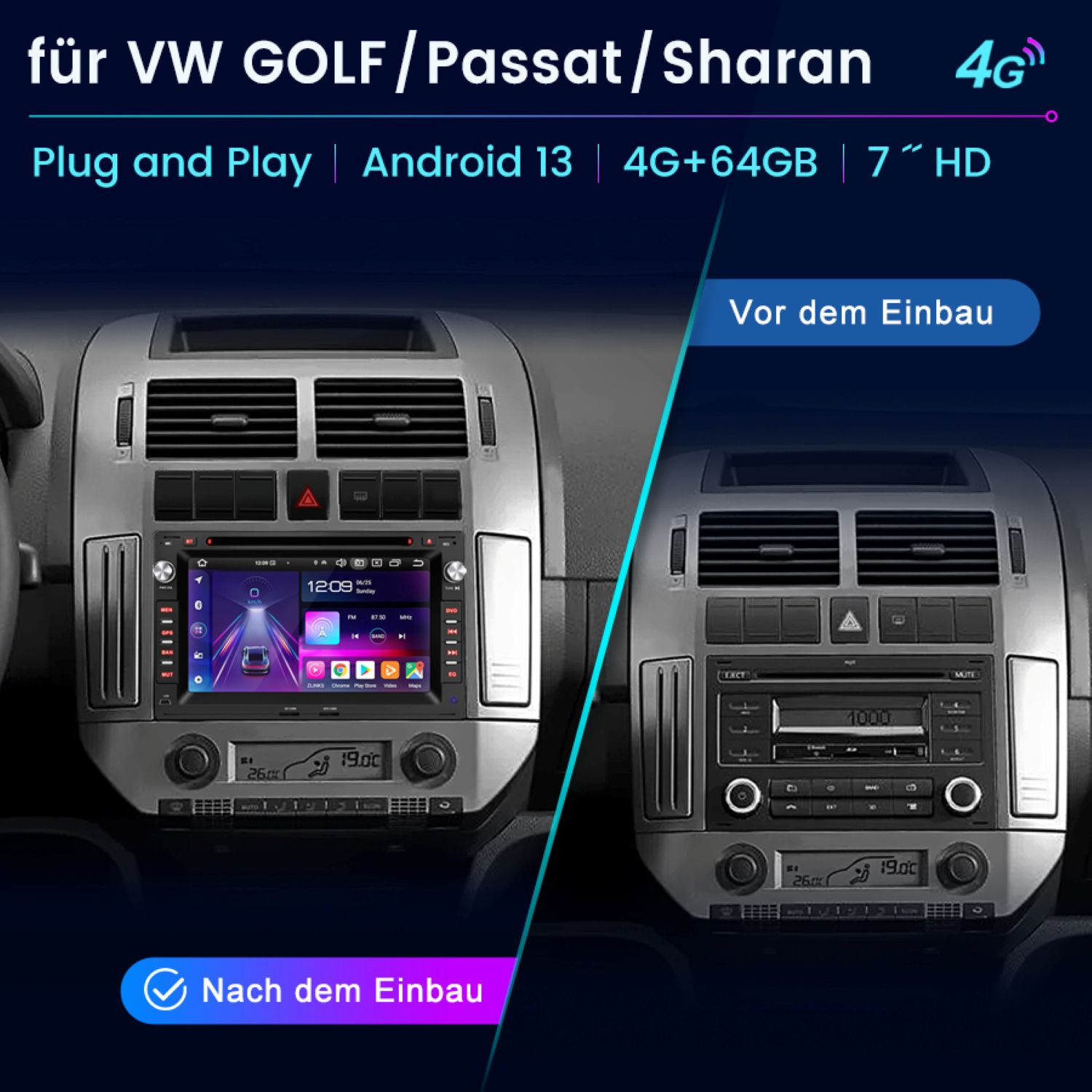 Es werden zwei Armaturenbretter gezeigt, eines mit einem neuen Autoradio und das andere mit einem älteren Radio.