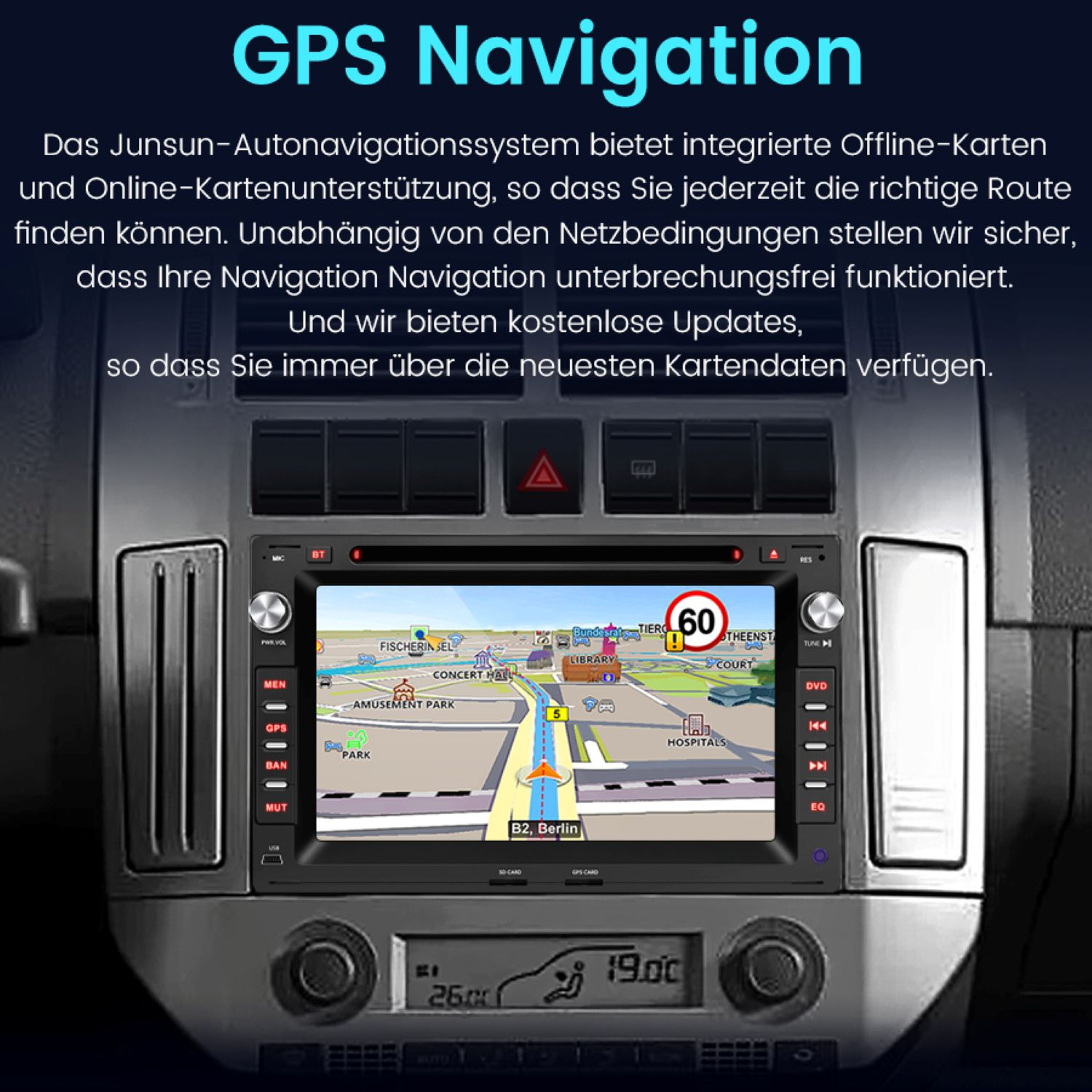 GPS-Navigationsdisplay, das eine Route mit einer Karte und Straßennamen auf dem Bildschirm anzeigt.