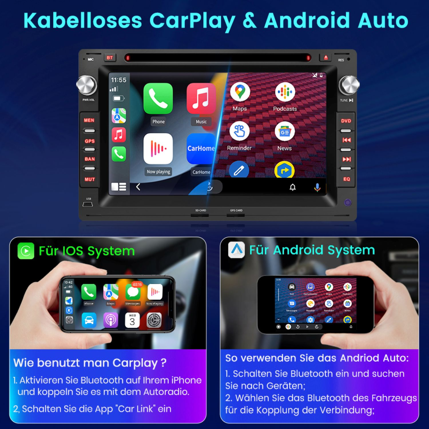 Auto-Multimedia-Systemanzeige mit Symbolen von Apps wie Telefon, Musik, Karten und Podcasts auf dem Bildschirm.