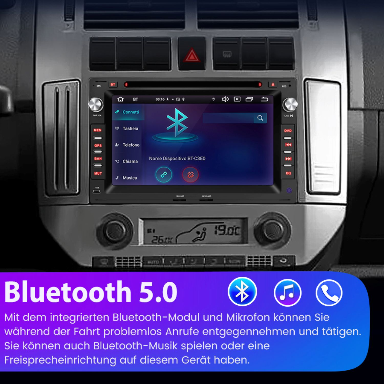 Auto-Multimedia-System mit Bluetooth 5.0, das Musik- und Telefonsymbole auf dem Bildschirm anzeigt.