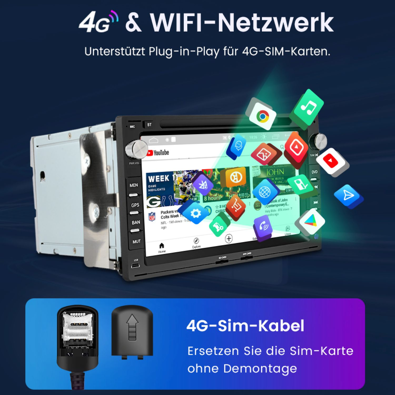 Ein Auto-Multimedia-System unterstützt 4G- und WIFI-Netzwerke mit Symbolen von Apps wie Youtube und Google Chrome.
