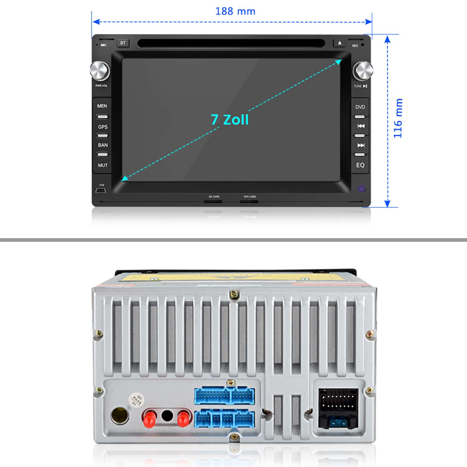 Abmessungen eines Auto-Multimedia-Systems: 188 mm Breite und 116 mm Höhe, mit einem 7-Zoll-Bildschirm.