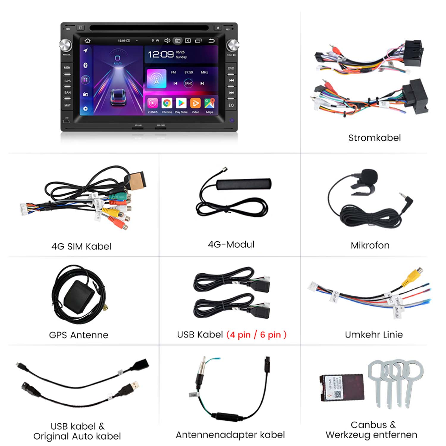 Ein Auto-Multimedia-System mit verschiedenen Kabeln und Zubehör, einschließlich Stromkabel, GPS-Antenne und USB-Kabel.