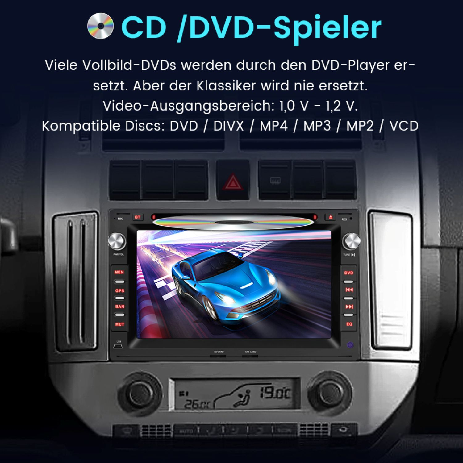 Auto-Multimedia-System mit einem CD/DVD-Player, das ein blaues Sportauto auf dem Bildschirm anzeigt.