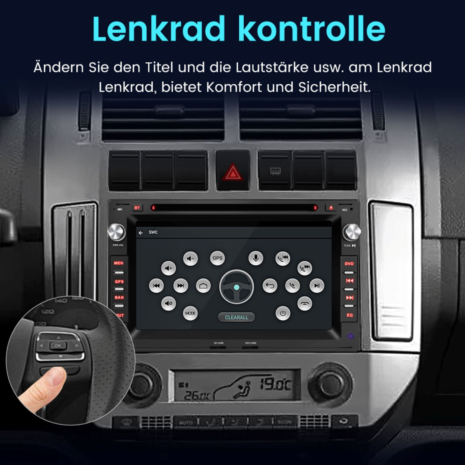 Auto-Multimedia-System mit Lenkradsteuerung und Musiknavigation auf dem Bildschirm.