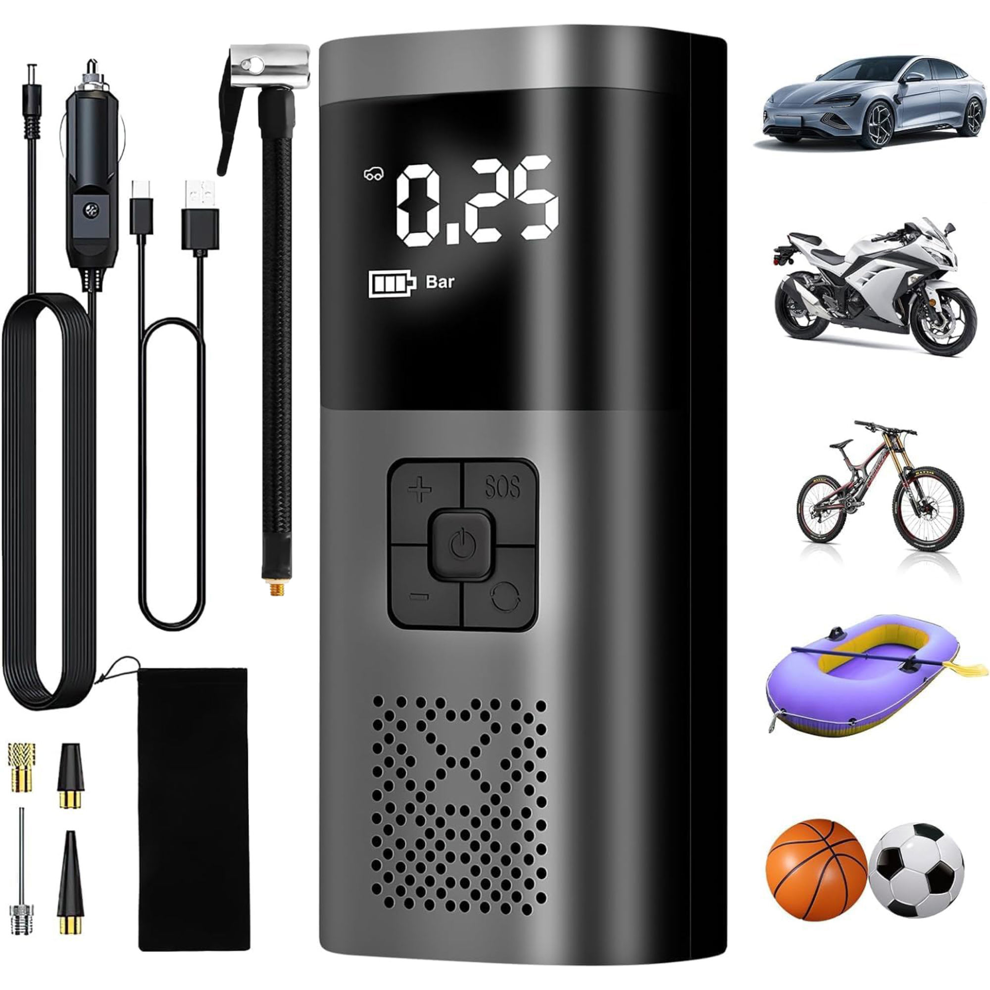 Eine elektrische Luftpumpe mit Zubehör, dargestellt mit Bildern von einem Auto, Motorrad, Fahrrad und Sportgeräten.
