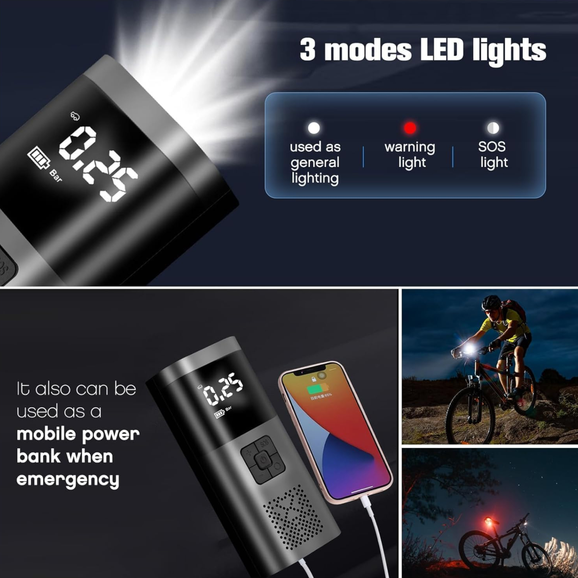 Eine tragbare Luftpumpe mit LED-Leuchten, die als Powerbank und zur Fahrradbeleuchtung in verschiedenen Modi verwendet wird.