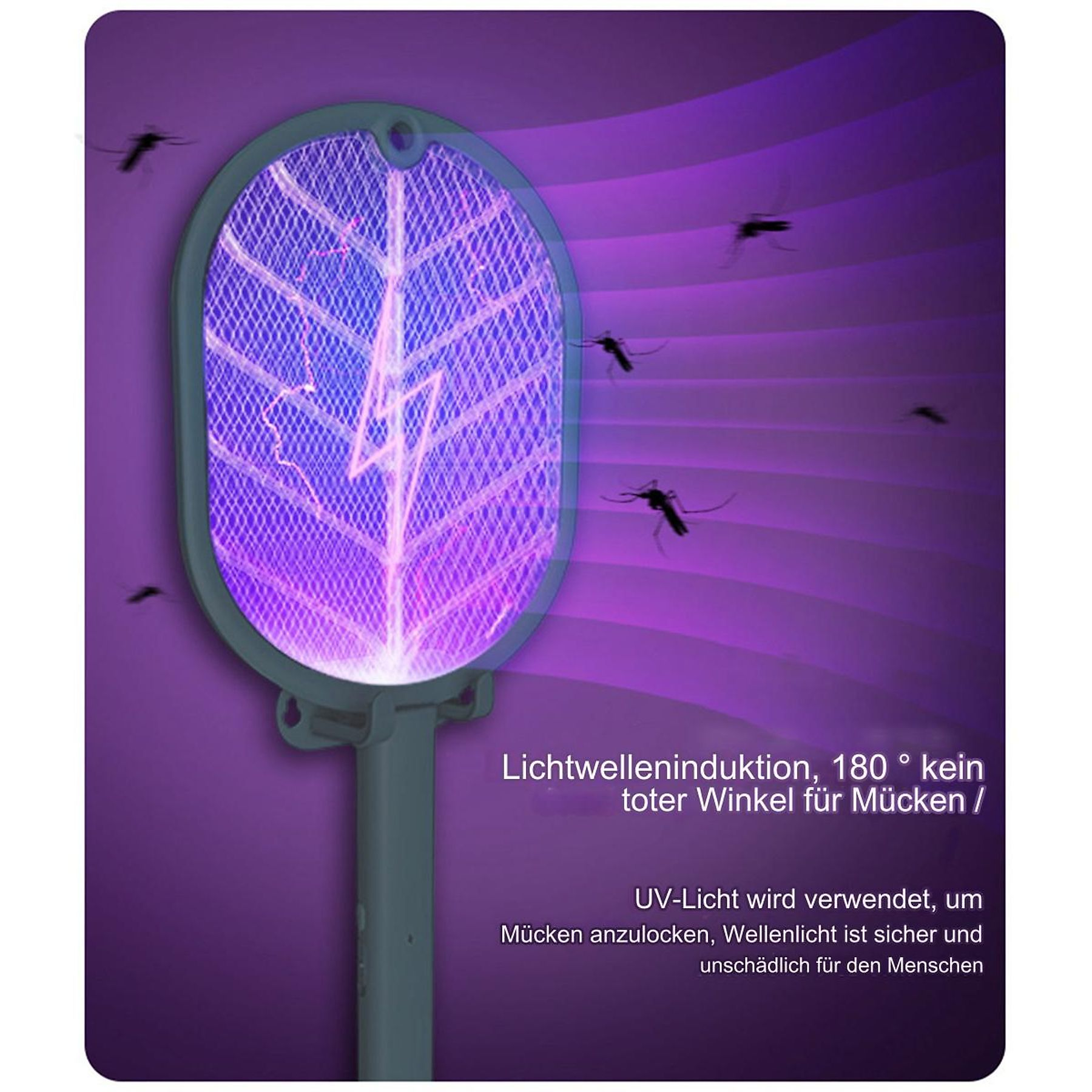 Elektrischer Moskitoschläger mit violettem Leuchten, umgeben von Moskitos. Der helle Bereich zeigt die Tötungszone.