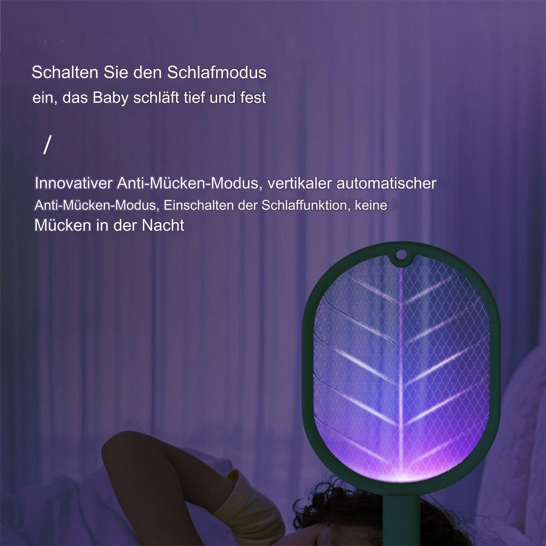 Eine Person schläft mit einem grünen elektrischen Moskitoschläger mit lila Licht. Text sagt, den Schlafmodus einzuschalten.
