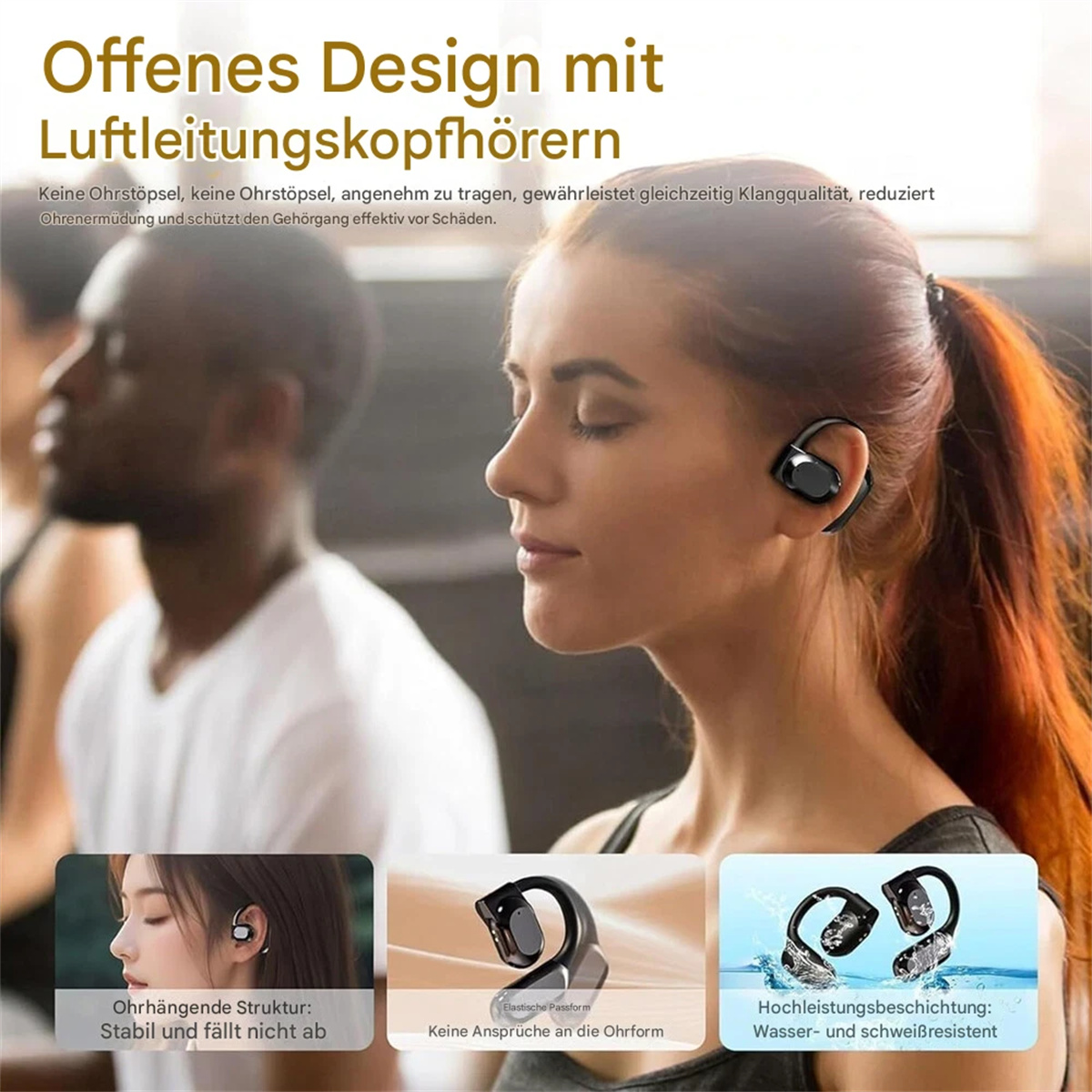Menschen mit Knochenleitungskopfhörern. Einer hört zu, der andere im Hintergrund. Details der Kopfhörer werden gezeigt.