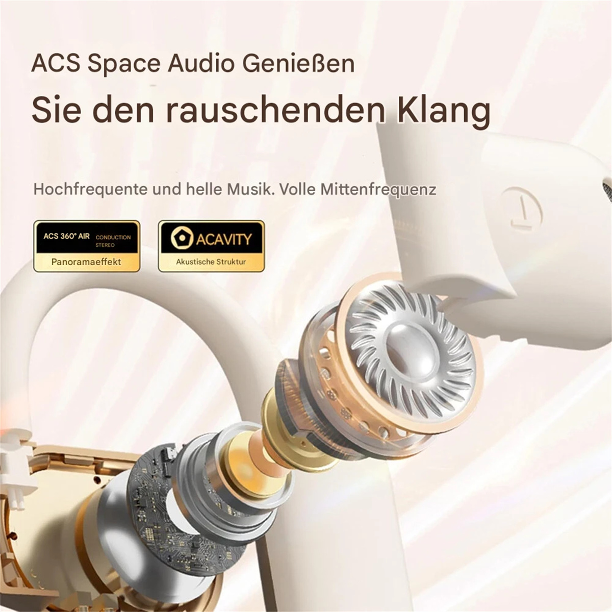 Nahaufnahme eines Knochenleitungskopfhörers mit gezeigten Innenkomponenten, die die Soundtechnologie hervorheben.