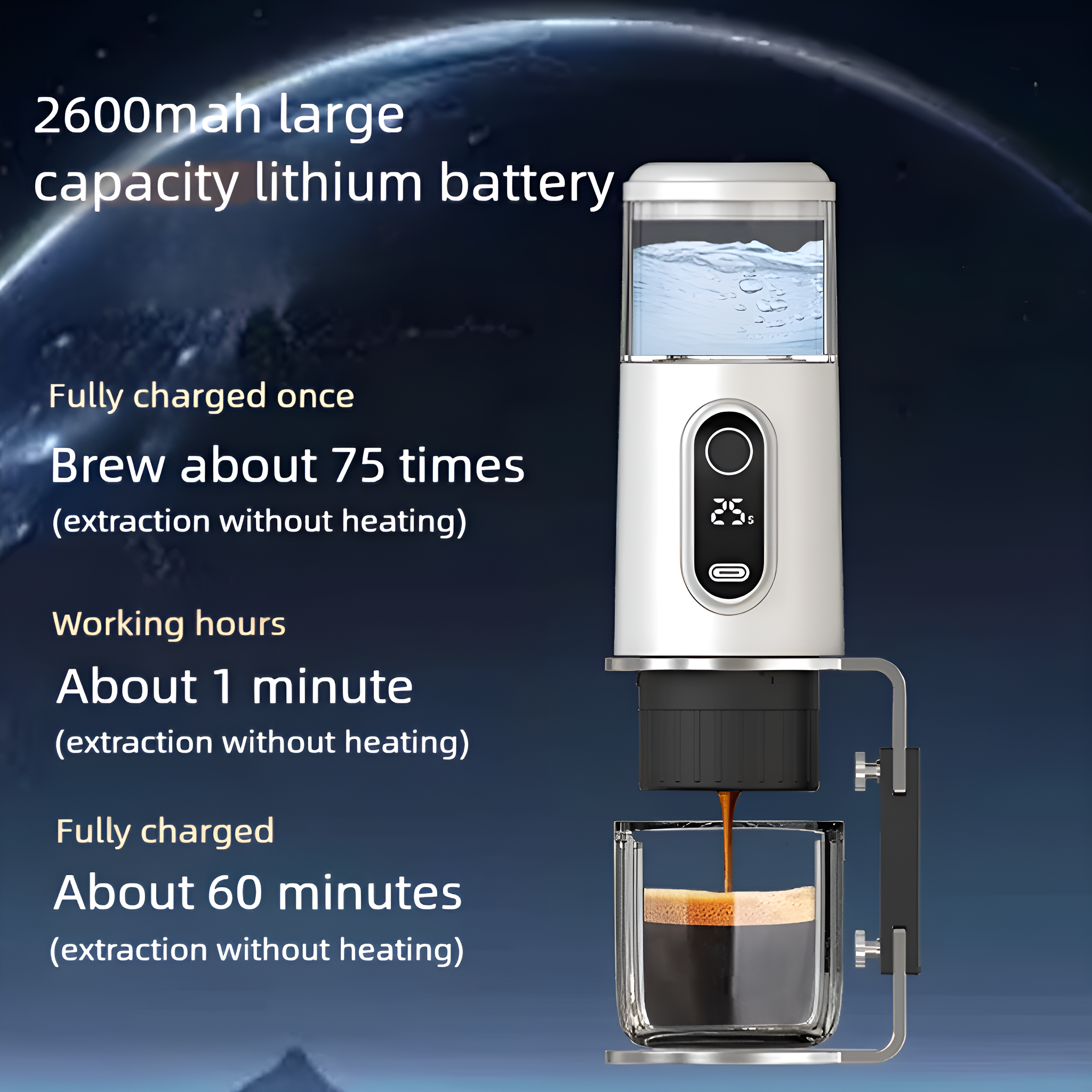 Weiße Kaffeemaschine brüht Kaffee in eine durchsichtige Tasse, mit Text über Akkukapazität und Brühzeiten.
