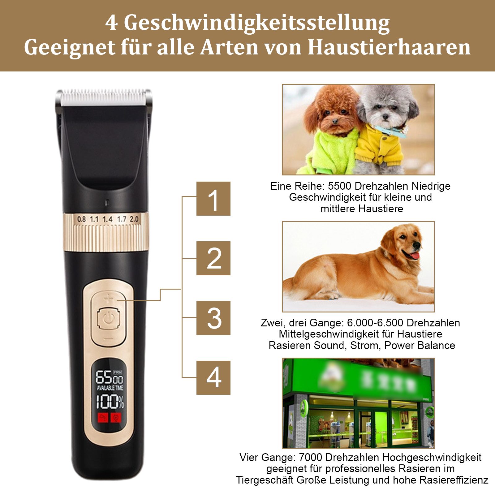 Schwarze und goldene Tierpflegeschermaschine mit beschrifteten Funktionen und Bildern von gepflegten Hunden.