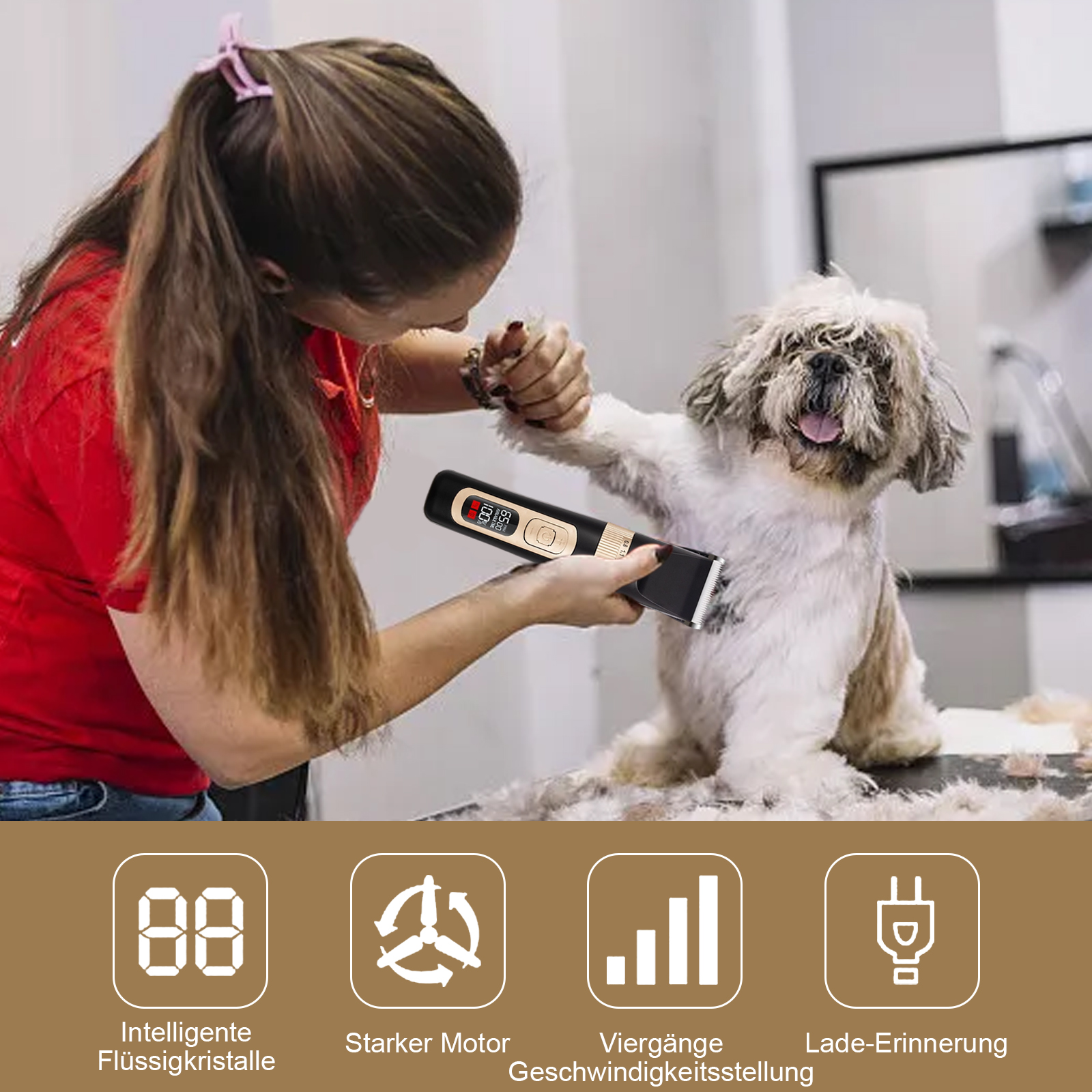 Frau pflegt einen Hund mit schwarzen und goldenen Schermaschinen, umgeben von Symbolen und deutschem Text.
