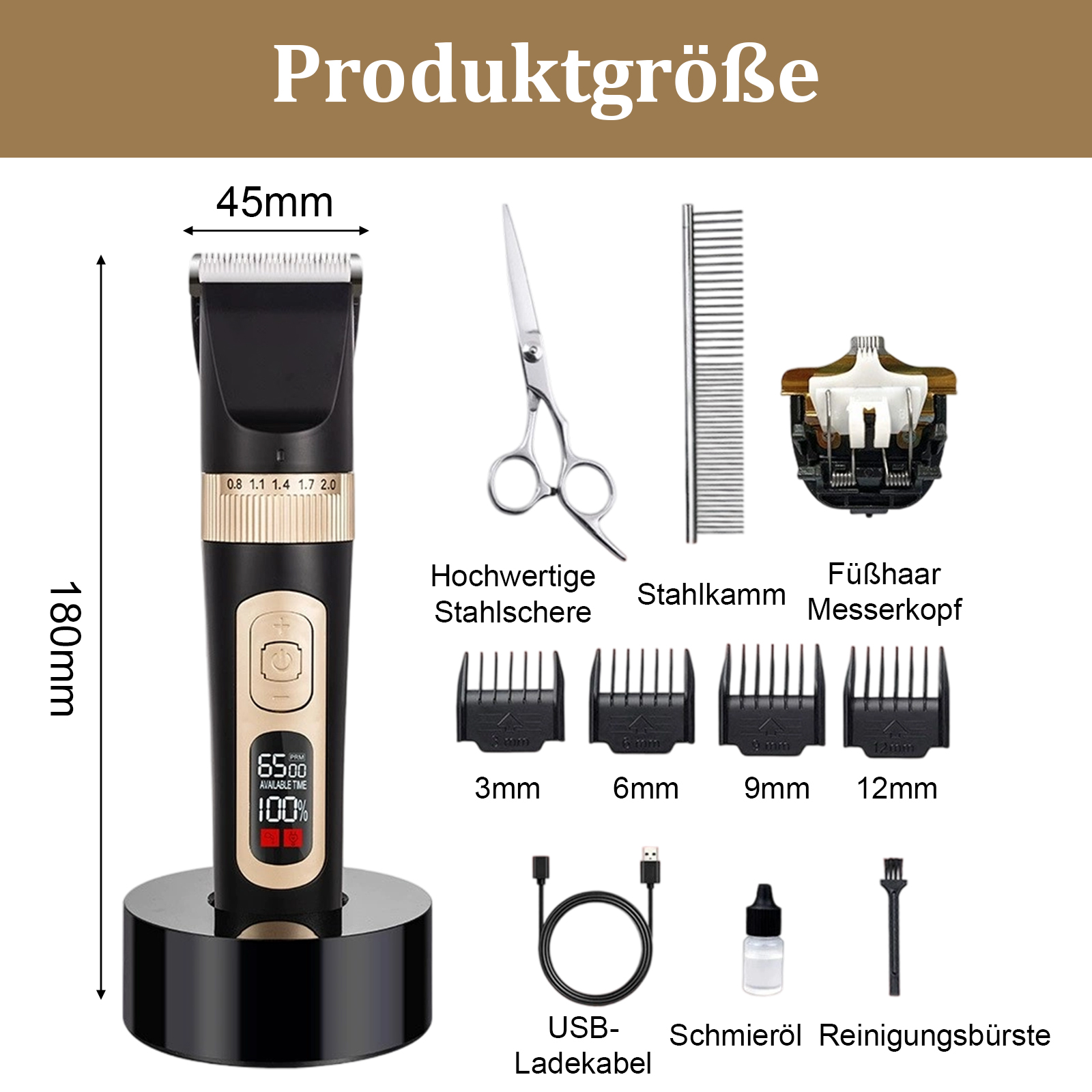 Schwarze und goldene Tierpflegeschermaschine auf einer Ladestation mit verschiedenem Pflegezubehör und deutschem Text.