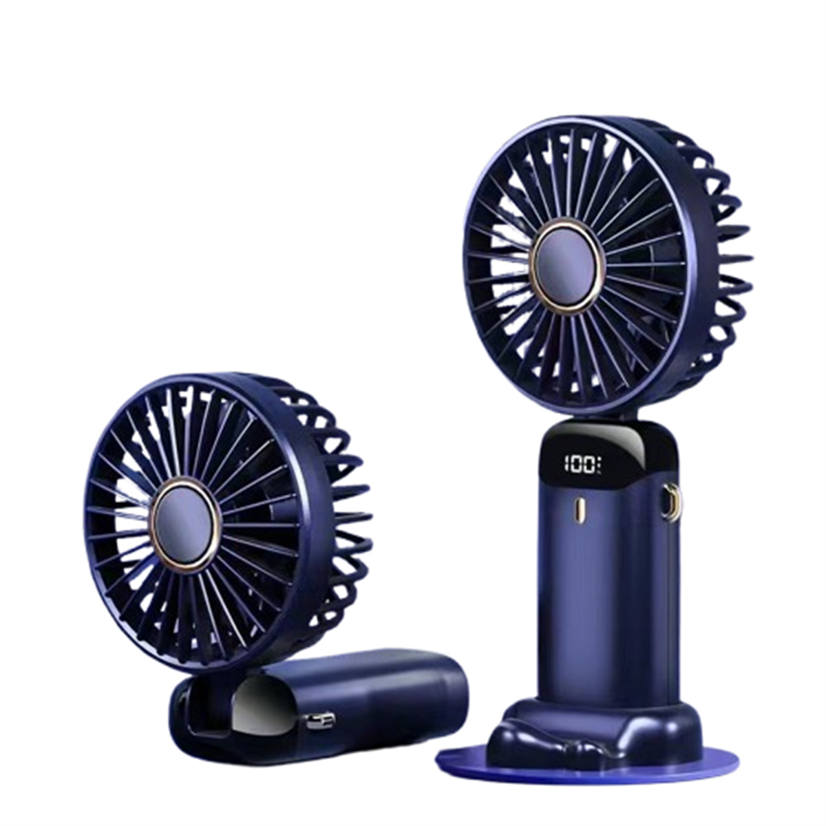Zwei dunkelblaue tragbare Ventilatoren, einer stehend, einer liegend, auf einem weißen Hintergrund.
