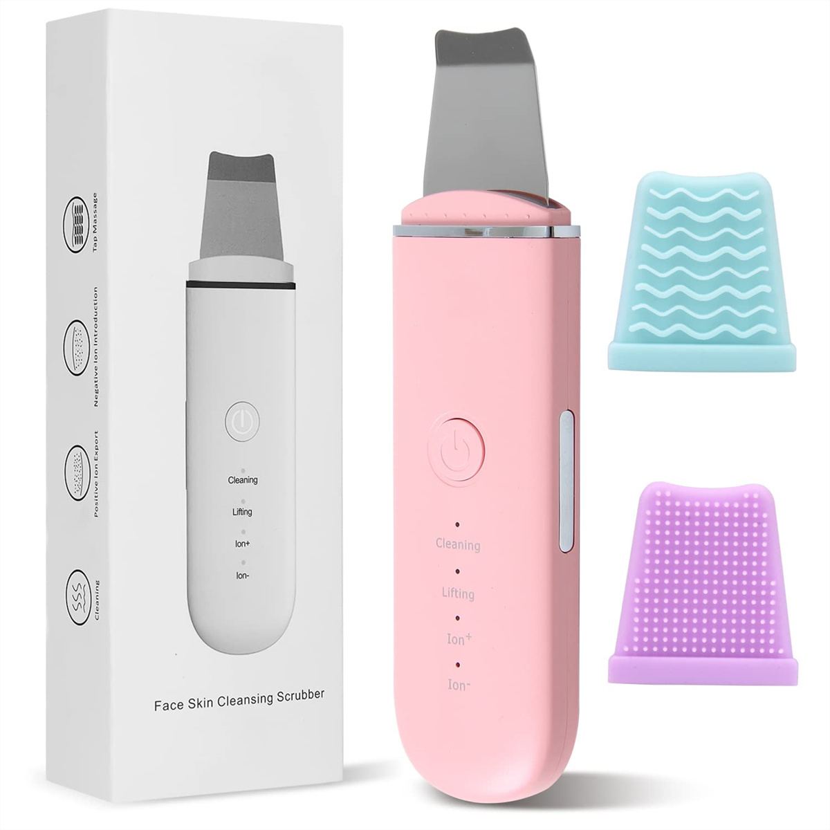 Weißer und rosa Gesichtsreinigungs-Scrubber mit Zubehör. Verpackung links.