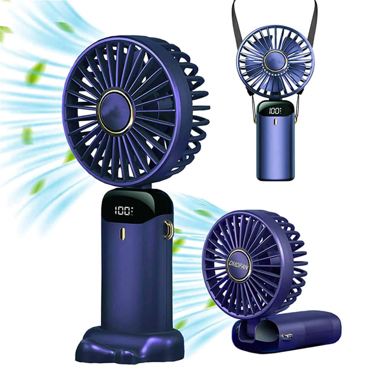 Drei Bilder eines tragbaren Ventilators. Blau, mit digitaler Anzeige und goldenem Akzent. Ein Ventilator steht aufrecht, einer liegt.